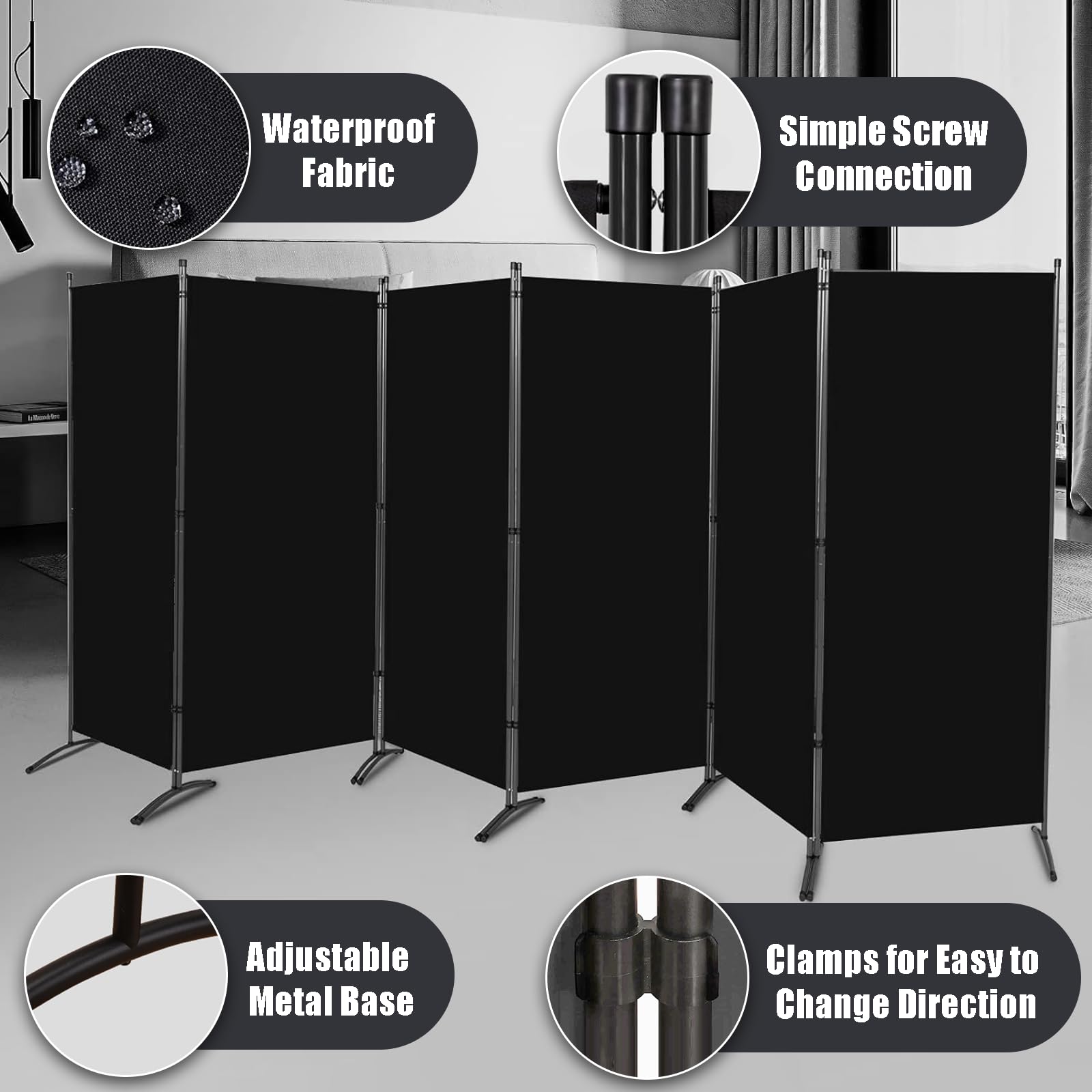 6 Panel Black Folding Room Divider Privacy Screen - 6ft Tall Partition Wall for Home, Office, Classroom & Studio | Space Separation & Privacy Solution for Living Rooms, Bedrooms & Workspaces
