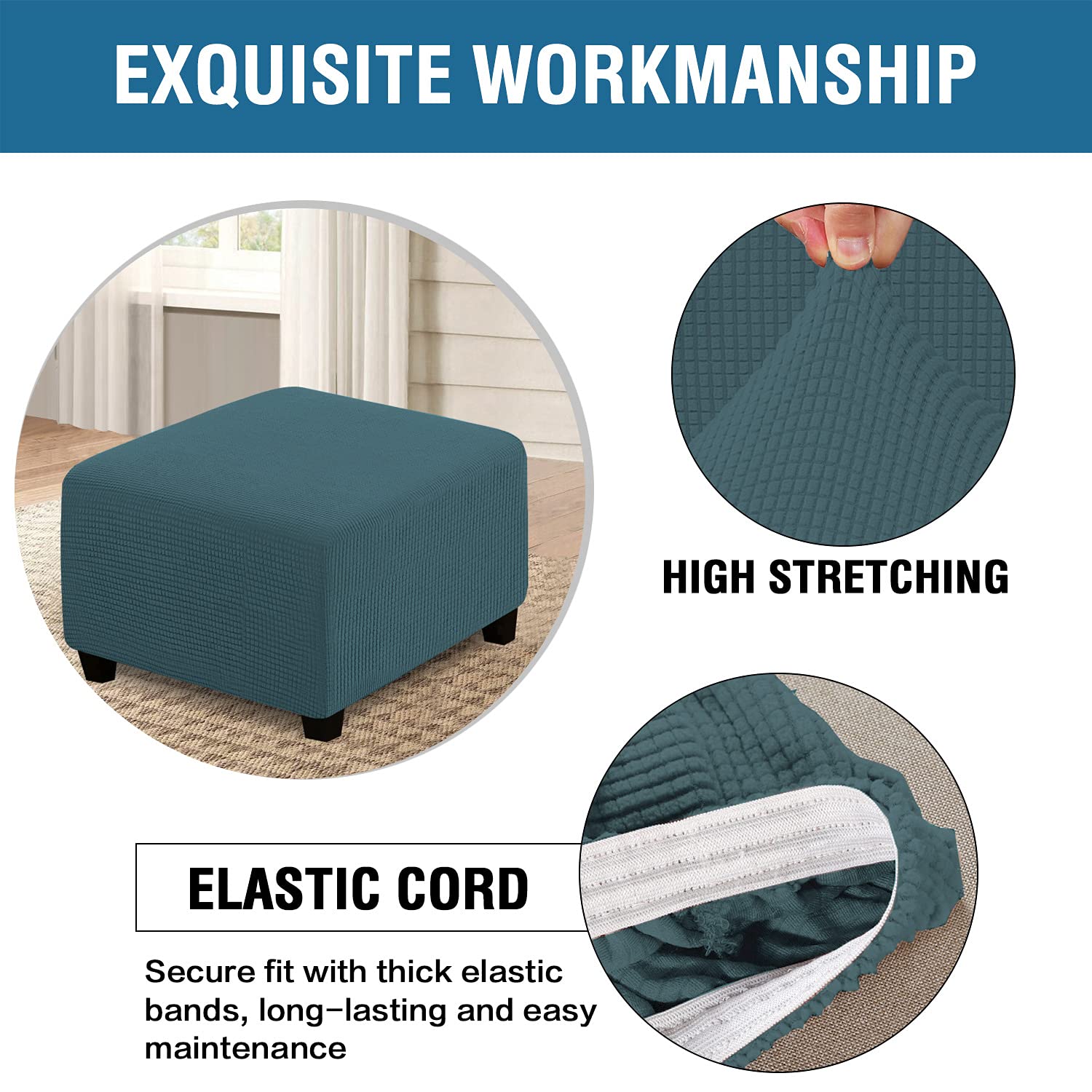 XMNTG Jacquard Stretch Ottoman Slipcover - Washable Square Folding Storage Stool Cover with Elastic Bottom - Blue Checked Furniture Protector & Footrest - Perfect for Living Room, Bedroom, and Office Use