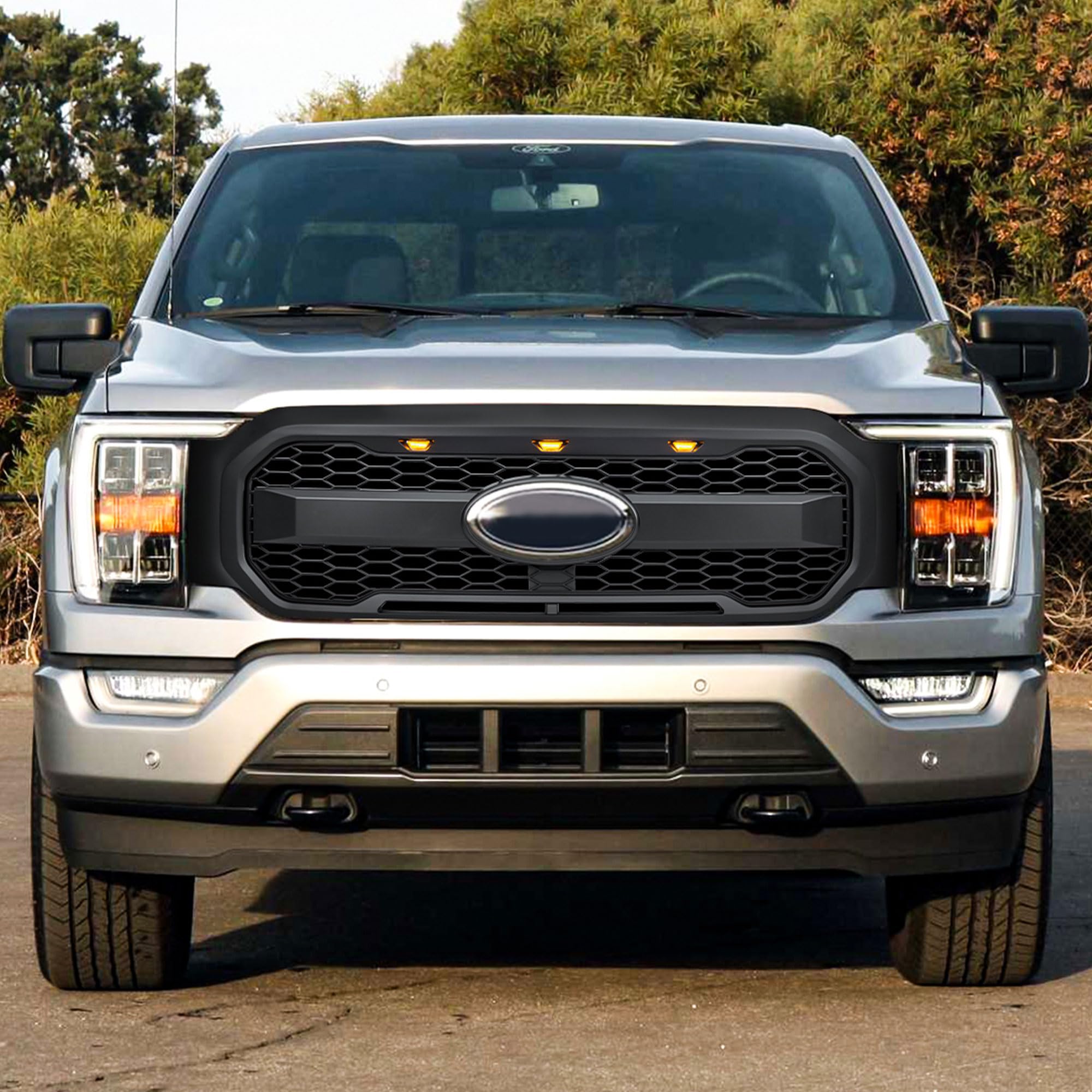 Raptor Style Mesh Grill with Amber LED Lights & Emblem Base for 2021-2023 Ford F150 | Matte Black Front Bumper Grille | Off-Road & Street Customization Upgrade