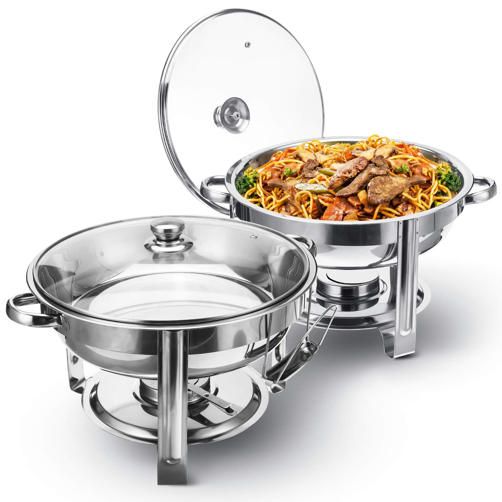 2-Pack Stainless Steel Chafing Dish Buffet Set with Glass Lids & Holders - 4-Quart Round Food Warmers for Catering, Weddings, Parties & Events - Perfect for Buffet Serving, Banquets, and Keeping Food Hot at Receptions