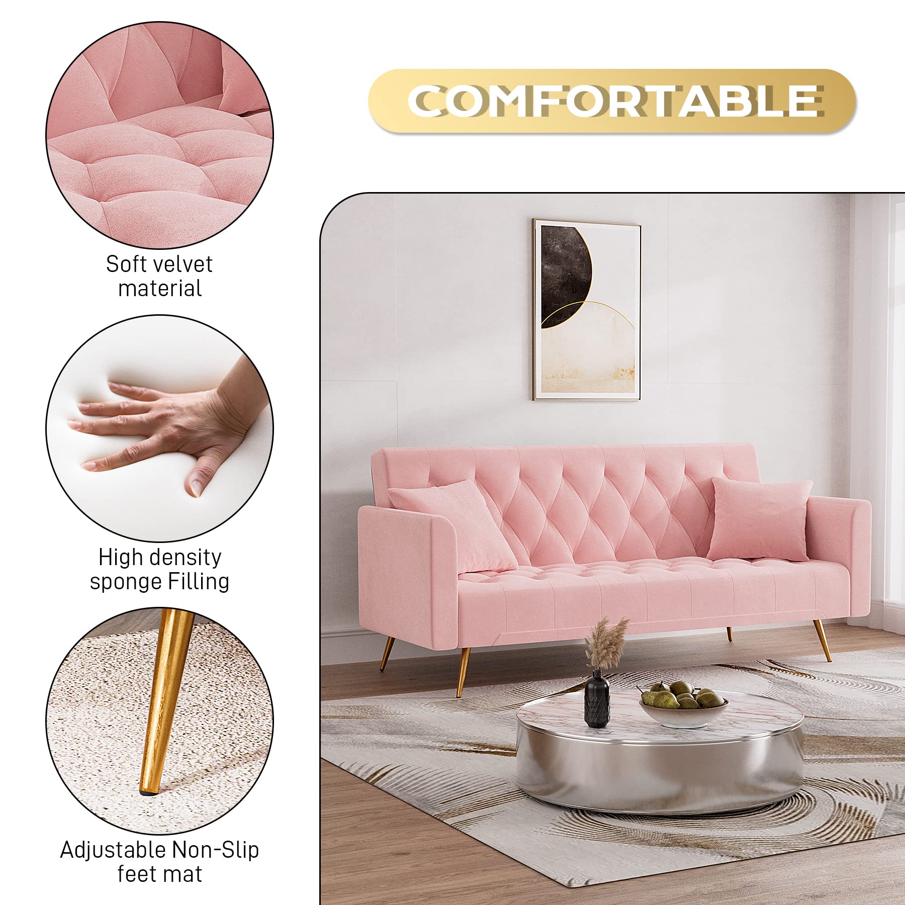 OUYESSIR 71-inch Velvet Convertible Futon Sofa Bed with 2 Pillows - Pink Sleeper Couch for Small Spaces, Living Room & Bedroom - Modern Comfort for Apartments, Dorms & Guest Rooms