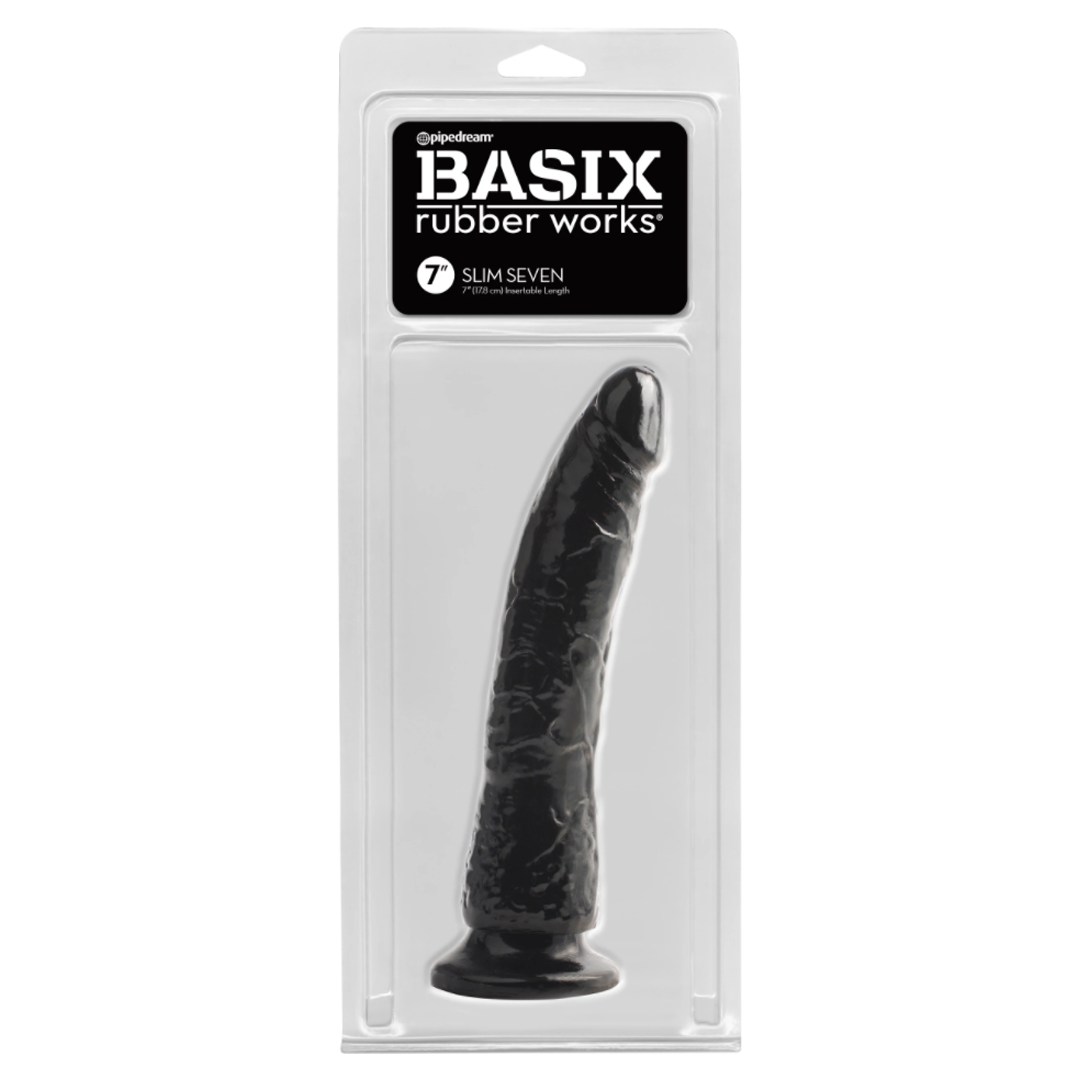 Dildo Basix Rubber Works Slim 7 Inch Black Realistic Dildo - Perfect for Solo Play, Couples & BDSM Scenes