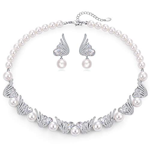 Pearl Necklace and Earrings Set for Women - Rose Gold Plated Jewelry with Crystals & Pearls - Perfect Gift for Mother's Day, Birthday, Christmas - Elegant Jewelry Set for Wife, Mom, Her - Great for Weddings, Anniversaries, Parties and Special Occasions