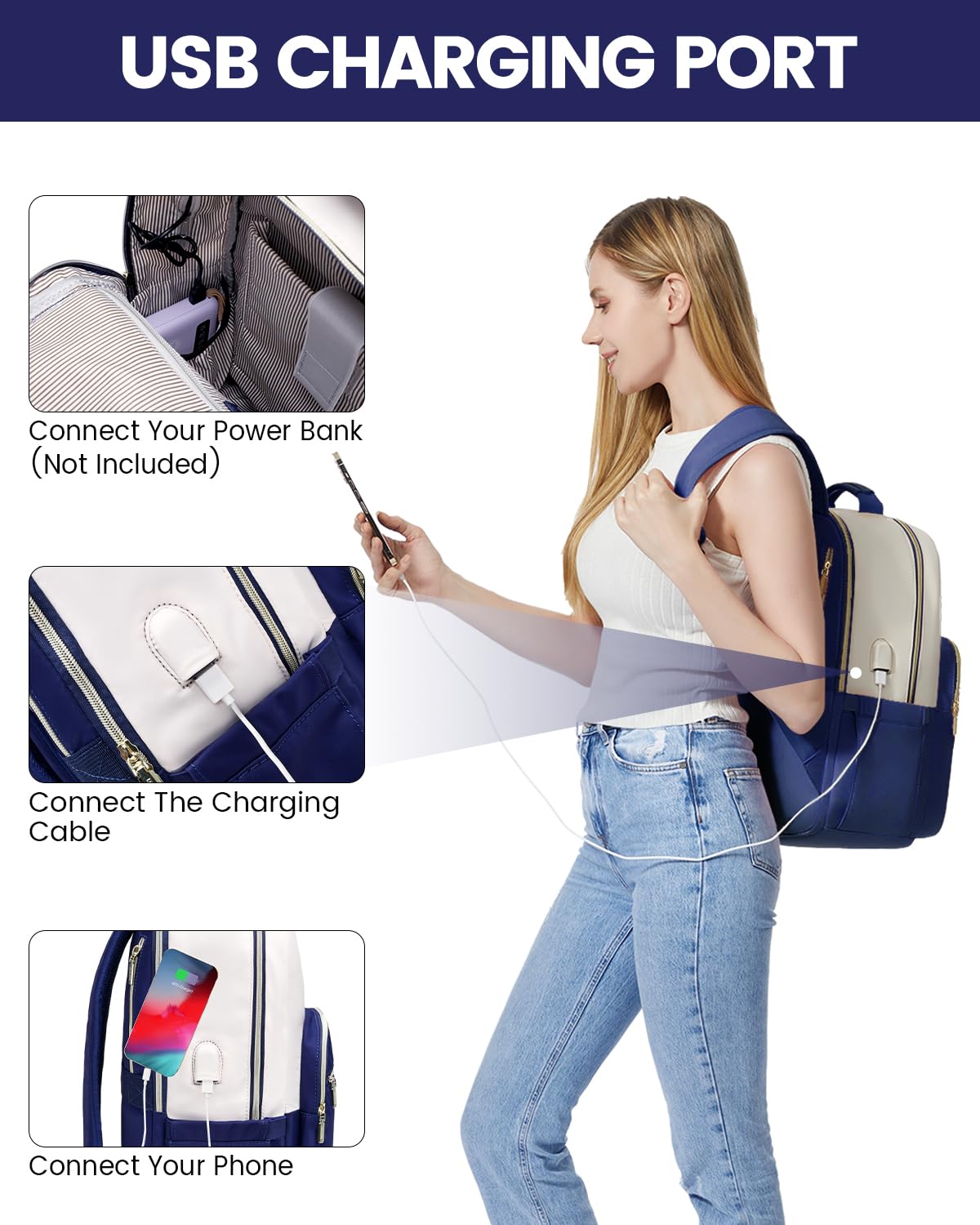 LOVEVOOK Women's 15.6 Inch Laptop Backpack - Stylish Travel & Work Bag, Aesthetic University & Nurse Backpack, College & Sport Daypack, Deep Blue-Beige, Perfect for Commuting, Campus & Business Trips