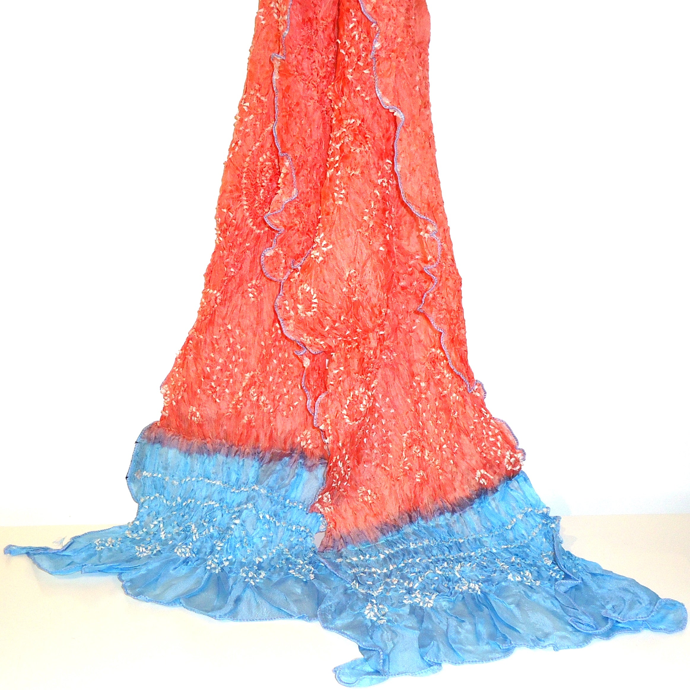 Elegant Peach-Colored Dress with Blue Silk Scarf - Perfect for Weddings, Parties & Special Occasions