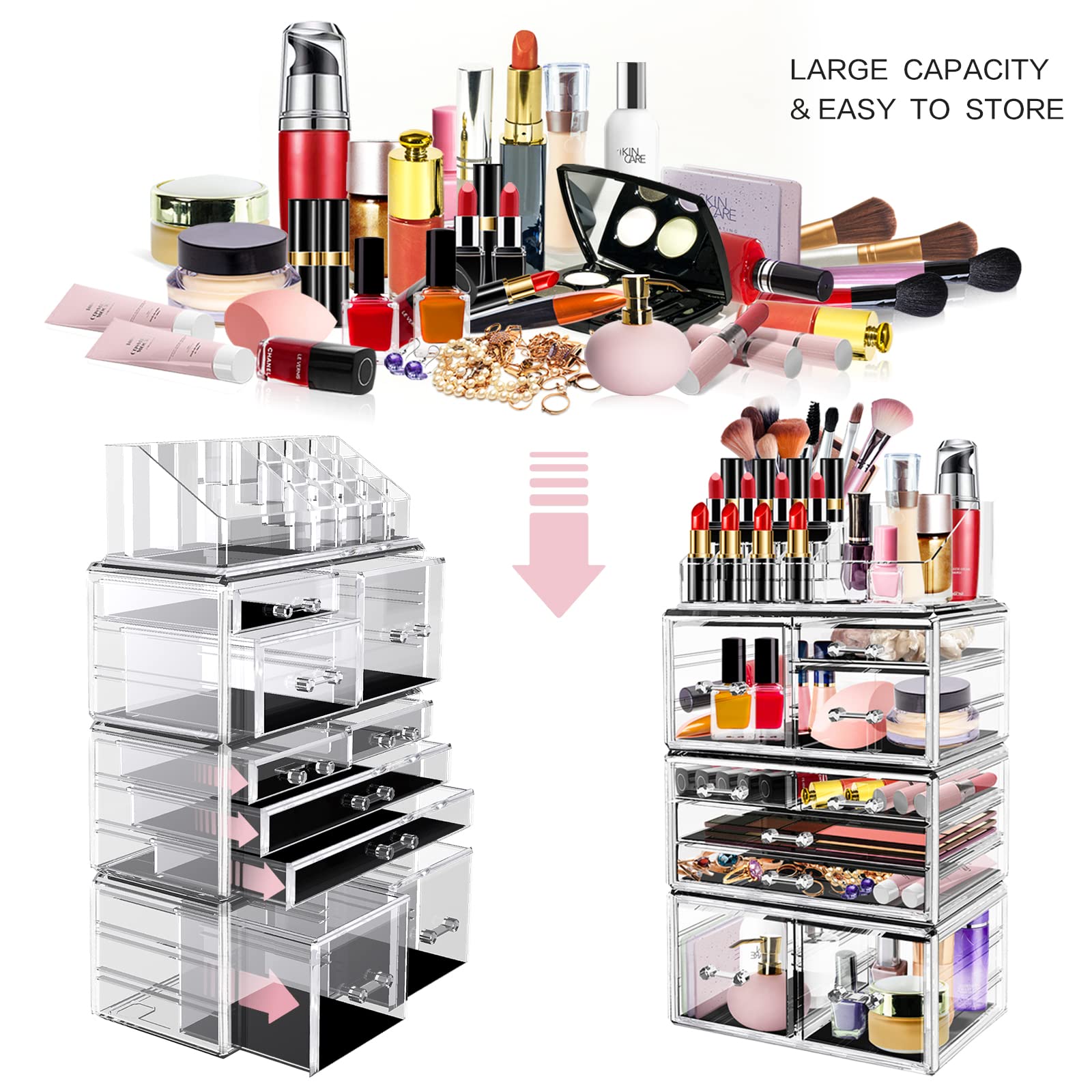 LINYAPRY Clear Acrylic Makeup Organizer - 9 Large Drawers Cosmetic & Jewelry Storage Box | Stackable Beauty Display Case for Skincare, Bathroom, Dresser & Vanity Countertop | Perfect for Makeup Artists & Home Organization