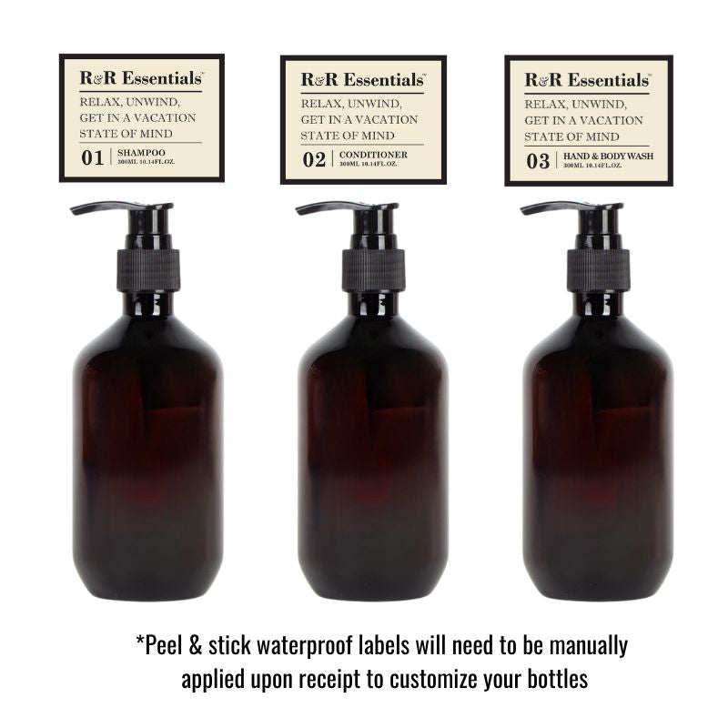 R&R Essentials 3-Pack Empty Pump Bottles with Labels & Wall Mounts - Perfect for Bathroom, Kitchen, and Salon Organization