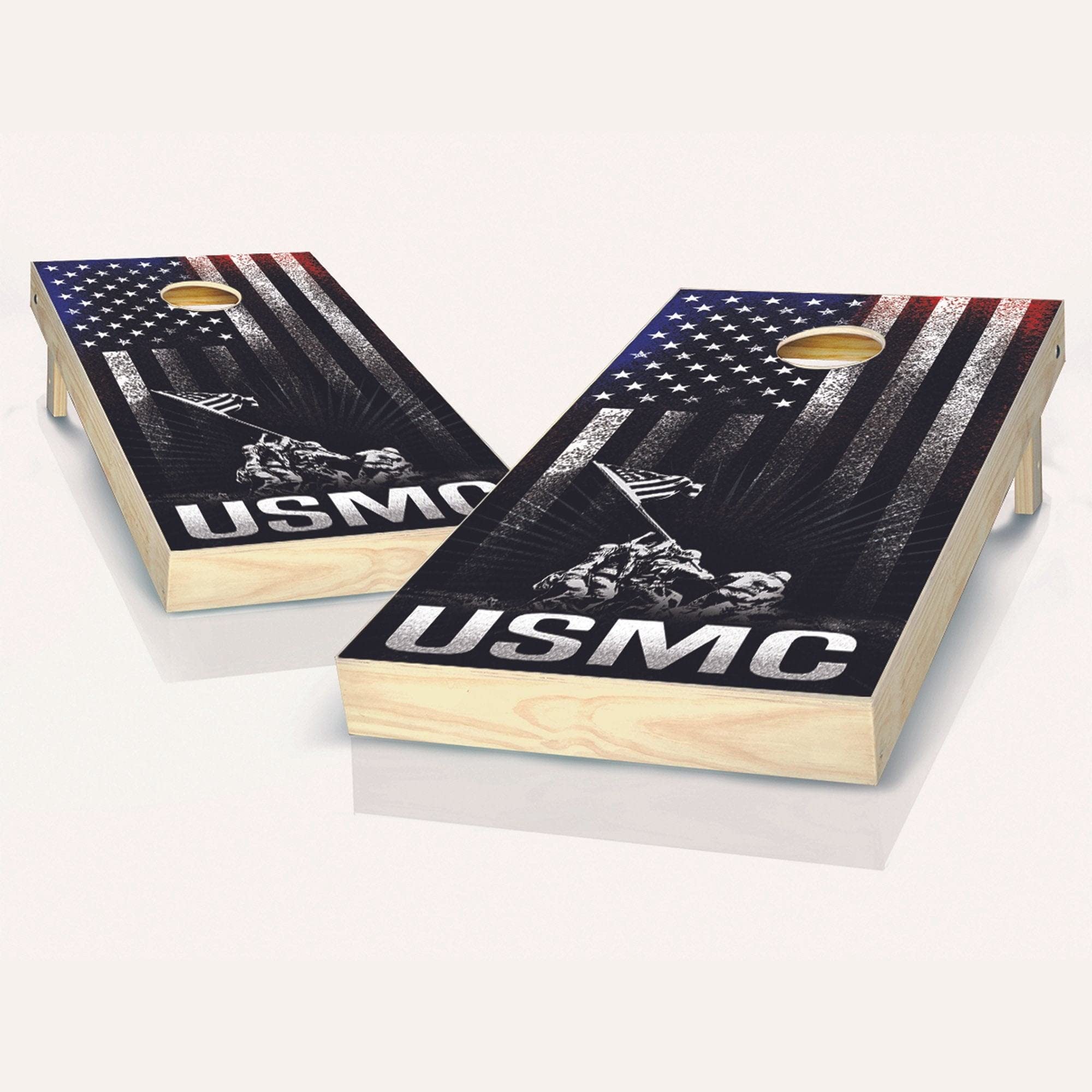 USMC Marine Corps Cornhole Game Set - 2 Wooden Boards & 8 Bean Bags with Stripes Design | Outdoor Lawn, Backyard, Tailgate Party Games for Adults & Family