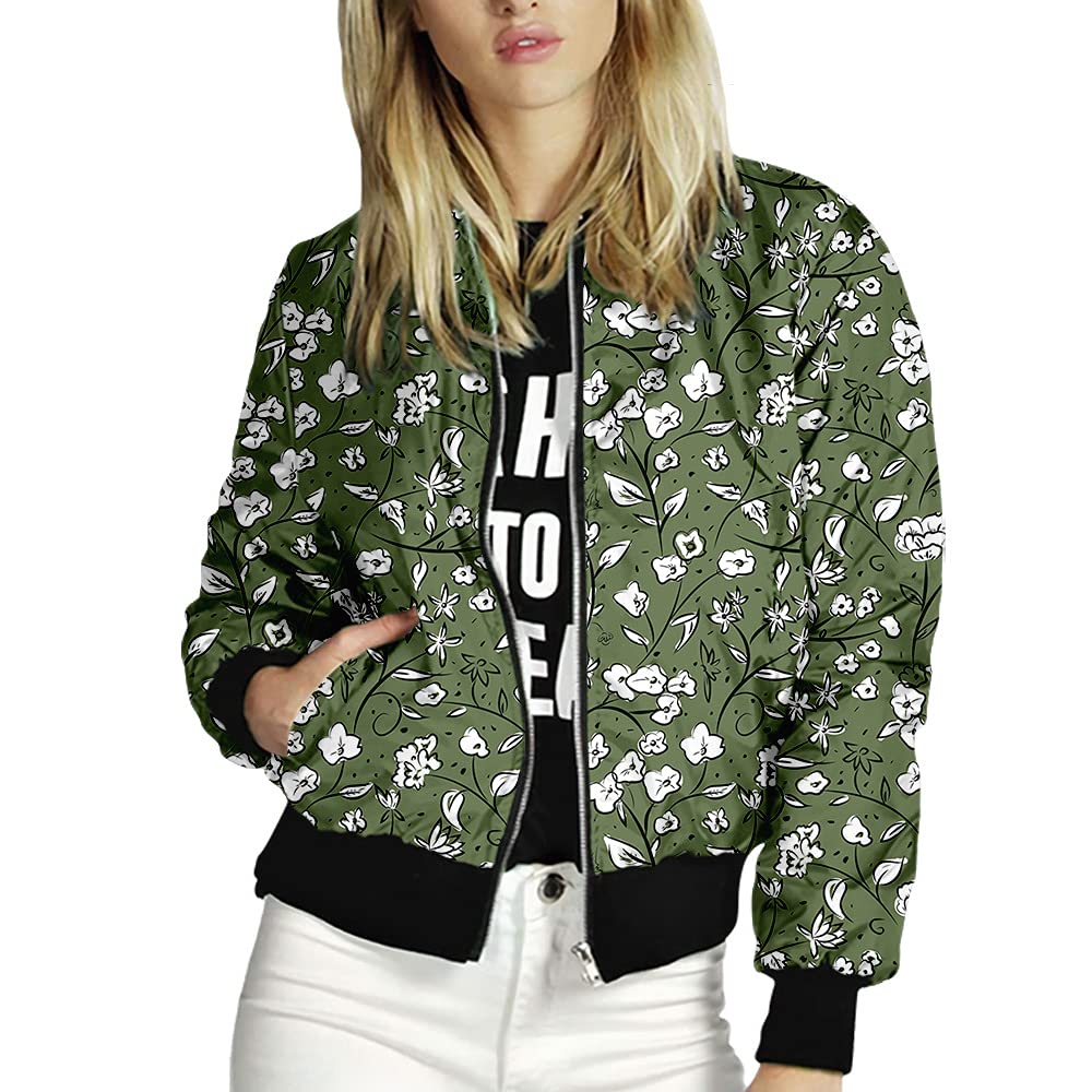 Women's Slim Floral Baseball Jacket - Long Sleeve Zippered Stand Collar Bomber Jacket Top | Casual Outerwear for Spring & Fall | Perfect for Streetwear, Dating & Daily Fashion