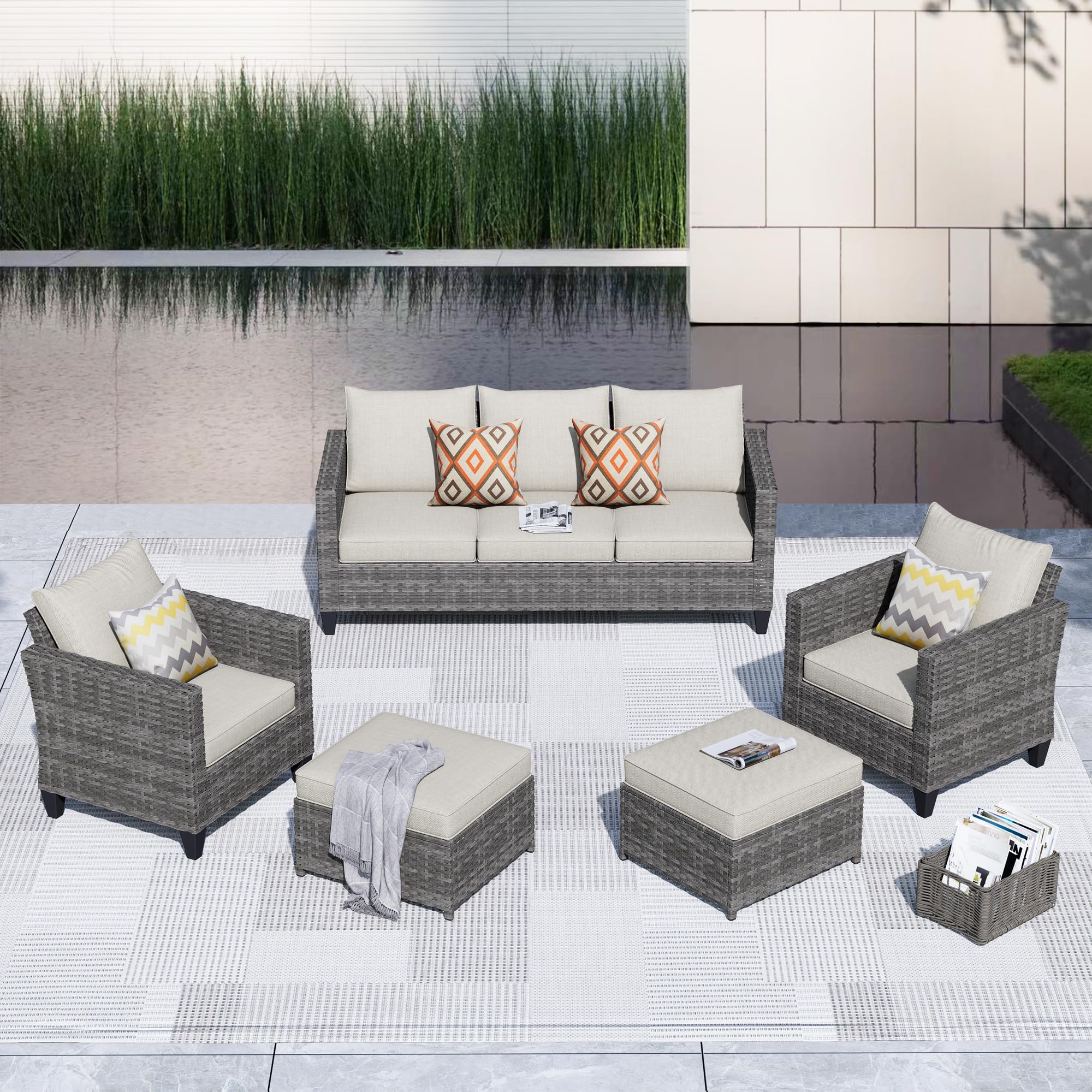 HOOOWOOO 5-Piece Outdoor Patio Furniture Set - Weather-Resistant Wicker Sofa Seating with Tilt Back for 5 People - Grey & Beige - Perfect for Backyard, Garden, and Poolside Relaxation