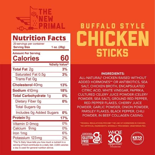 New Primal Buffalo Chicken Sticks – Keto, Gluten Free, Sugar Free, Low Carb High Protein Healthy Snacks (20 Count) | 9g Protein Jerky Meat Sticks for On-the-Go, Hiking, Office & Keto Diet