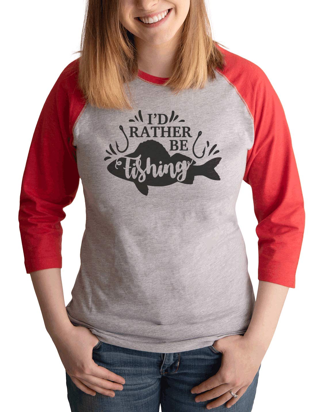 7 ate 9 Apparel Women's Rather Be Fishing Graphic Long Sleeve Raglan T-Shirt - Red - Comfortable Casual Wear for Fishing, Outdoor Activities & Everyday Style