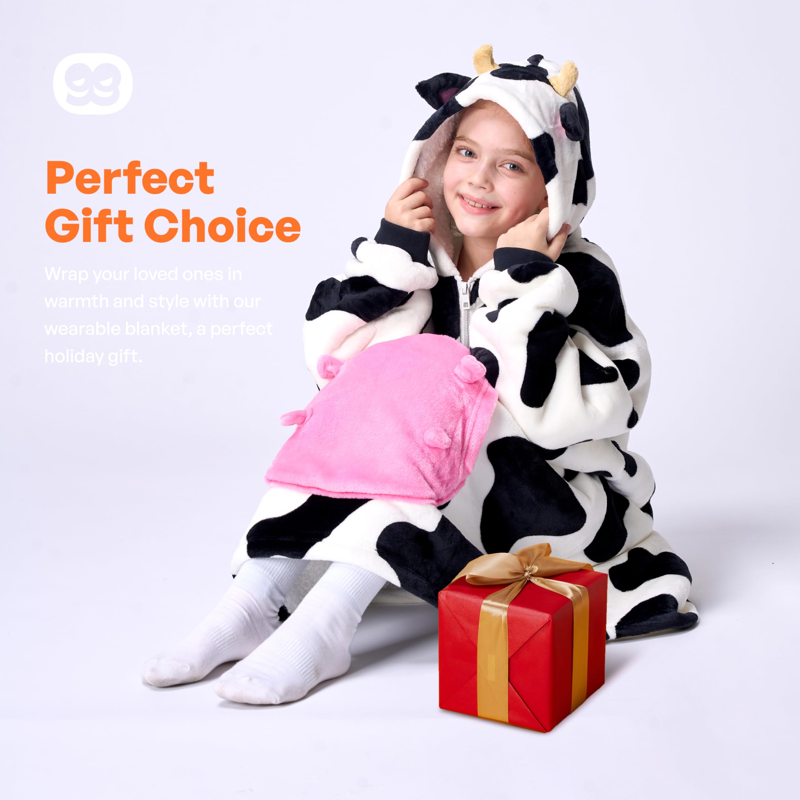Giggling Getup Cow Wearable Blanket Hoodie - Oversized Soft Sherpa Fleece Hooded Blanket with Giant Pocket - Warm Plush Flannel Blanket Sweatshirt for Kids & Adults - Perfect for Winter Nights, Movie Time and Family Snuggles