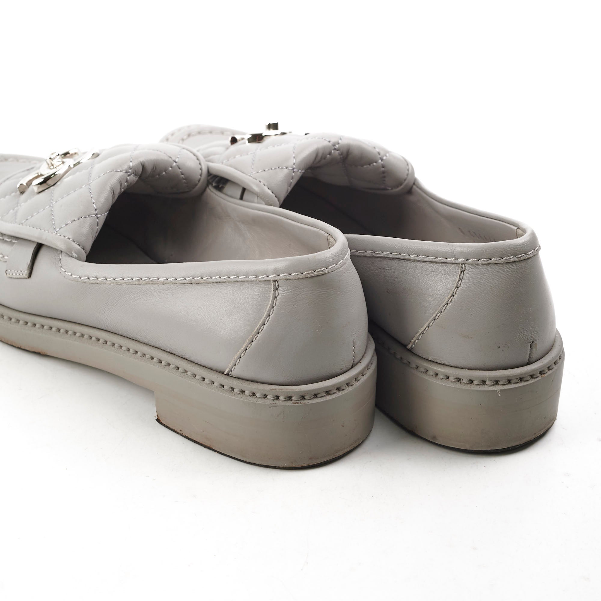 Chanel Quilted Grey Leather Loafers Women's Size 36.5 - Luxury Comfortable Slip-On Shoes for Office, Travel & Casual Outings