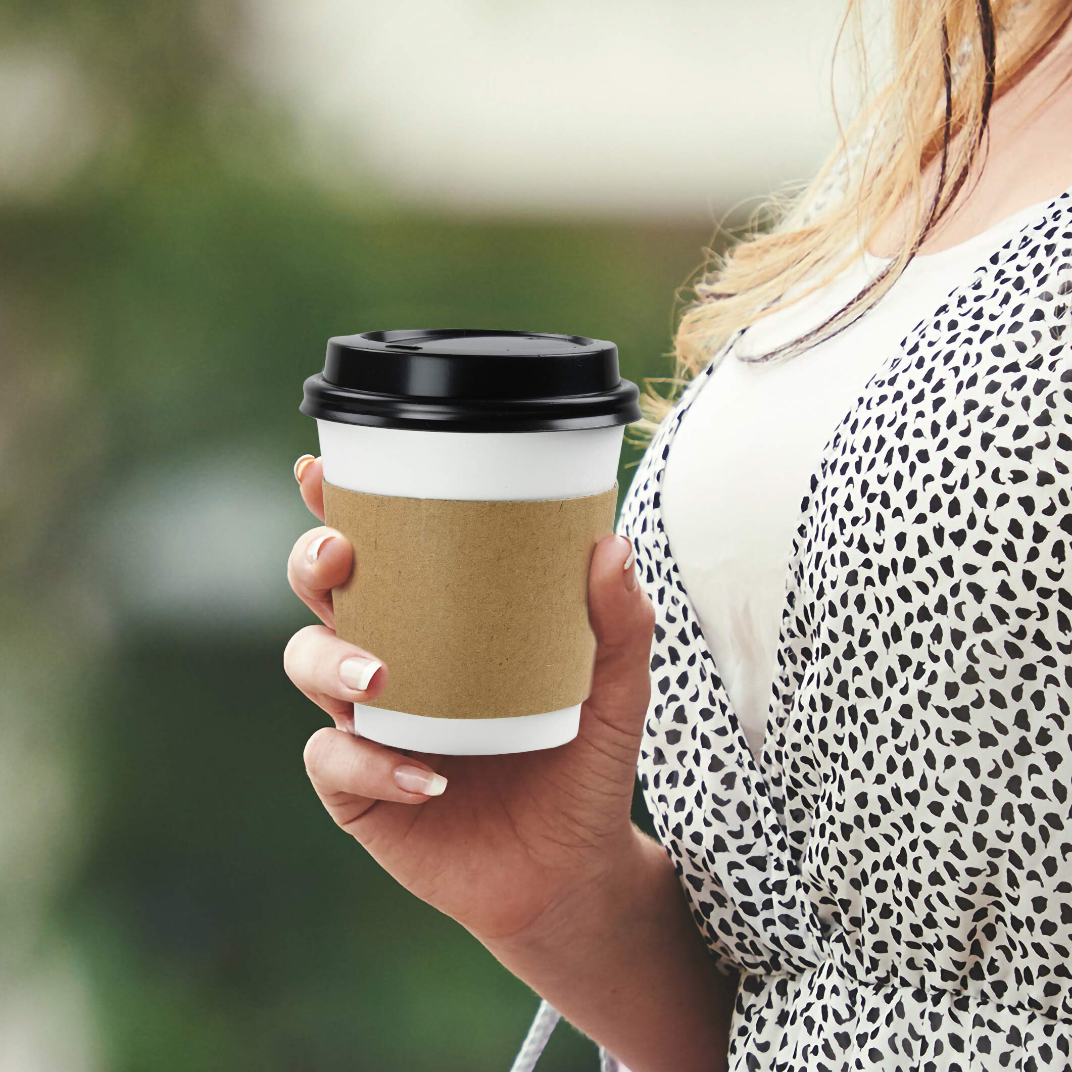 NYHI 100 Pack 10 oz White Disposable Coffee Cups with Black Lids & Sleeves - Hot/Cold Beverage Drinking Cups for Coffee, Tea, Juice, Espresso - Perfect for Office Water Coolers, Parties, Cafes & Takeout