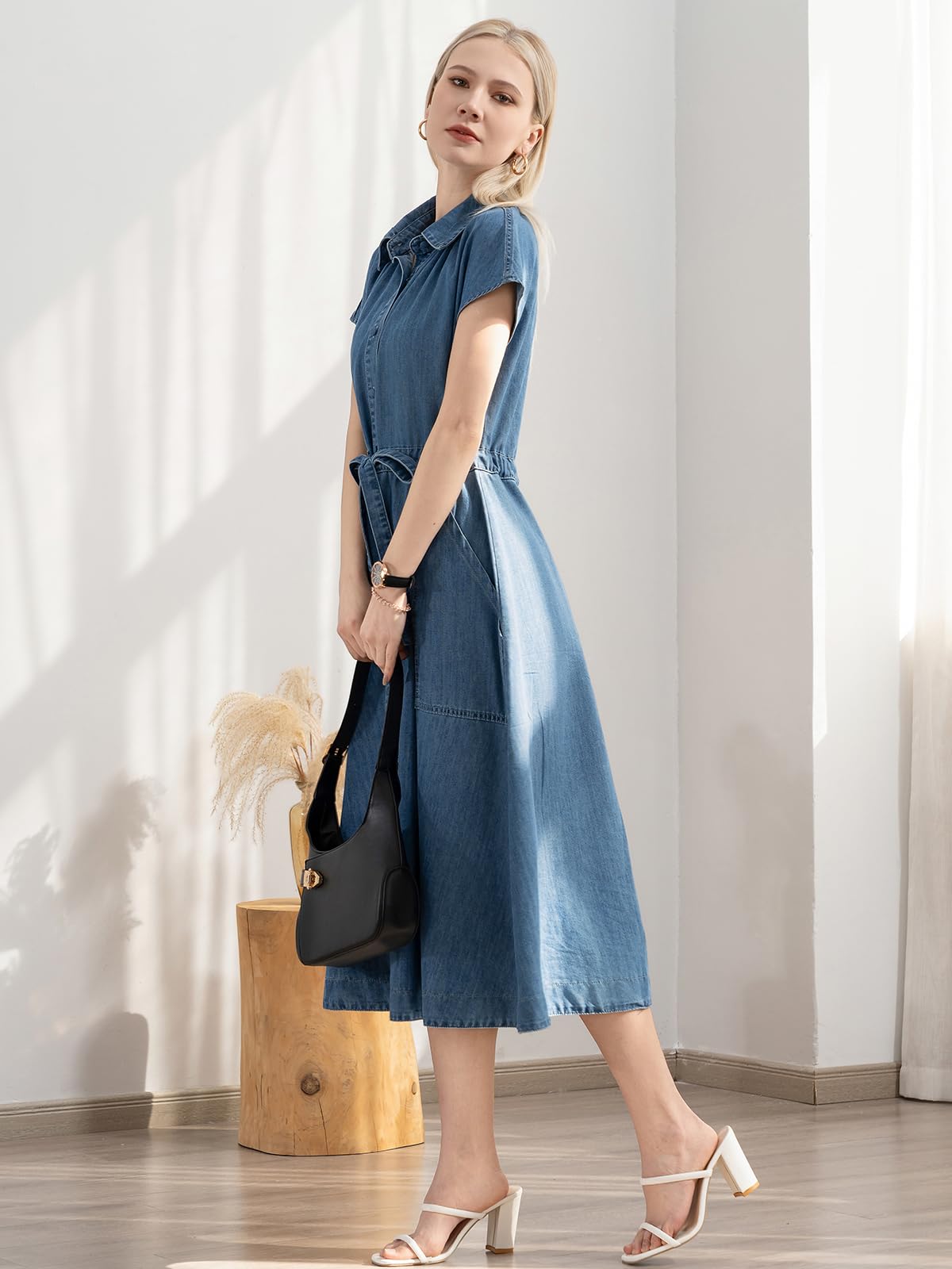 ALSOGO Women's Casual Denim Dress - Short Sleeve Midi Jean Dress with Waist Drawstring & Pockets | Perfect for Summer Outings, Beach Vacations and Casual Everyday Wear