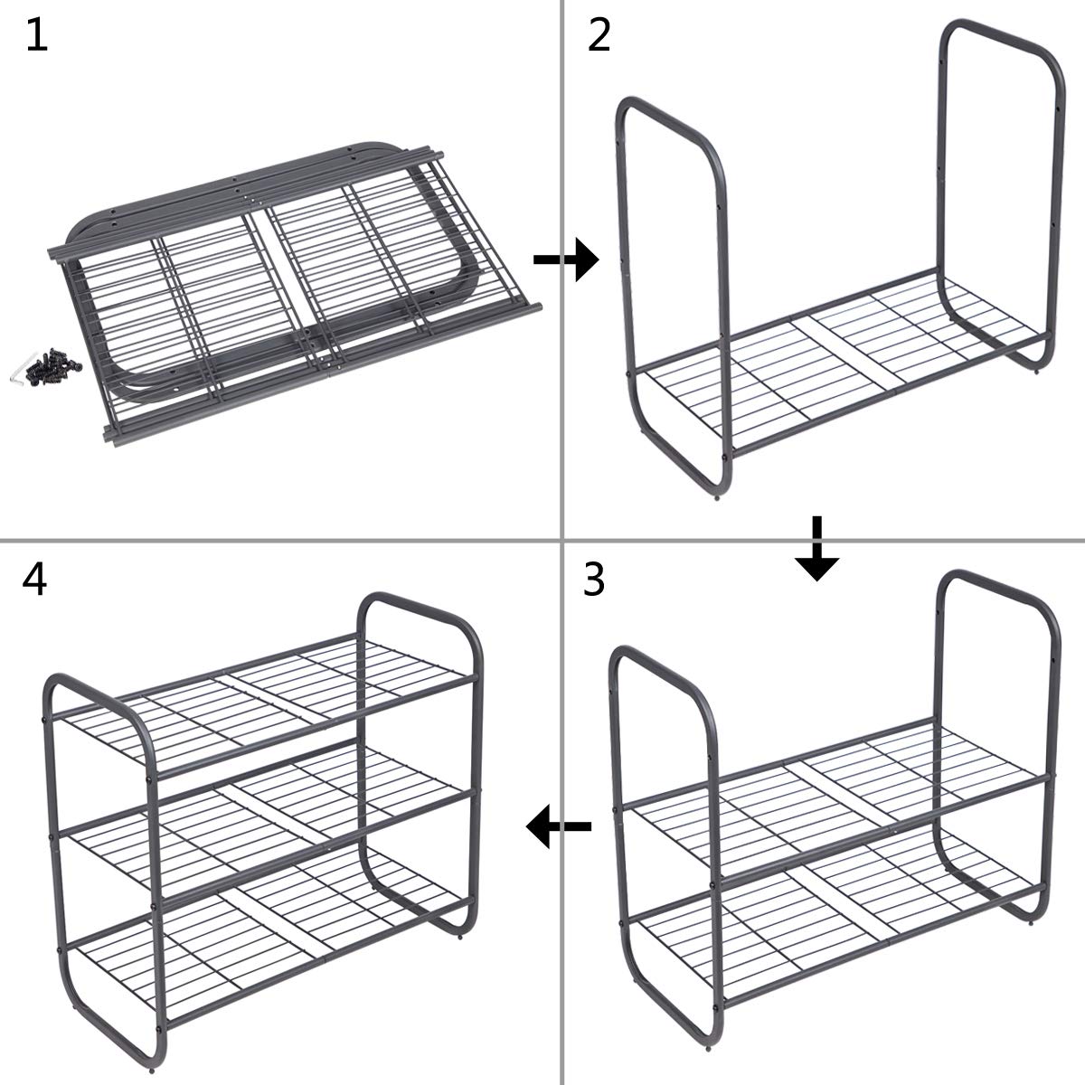 MAX Houser 3-Tier Metal Shoe Rack - Sturdy Free Standing Shoe Storage Organizer with Wire Grid Design - Space Saving Shoe Tower for Closet, Bedroom, Entryway - Gunmetal Finish - Perfect for Small Spaces & Shoe Organization