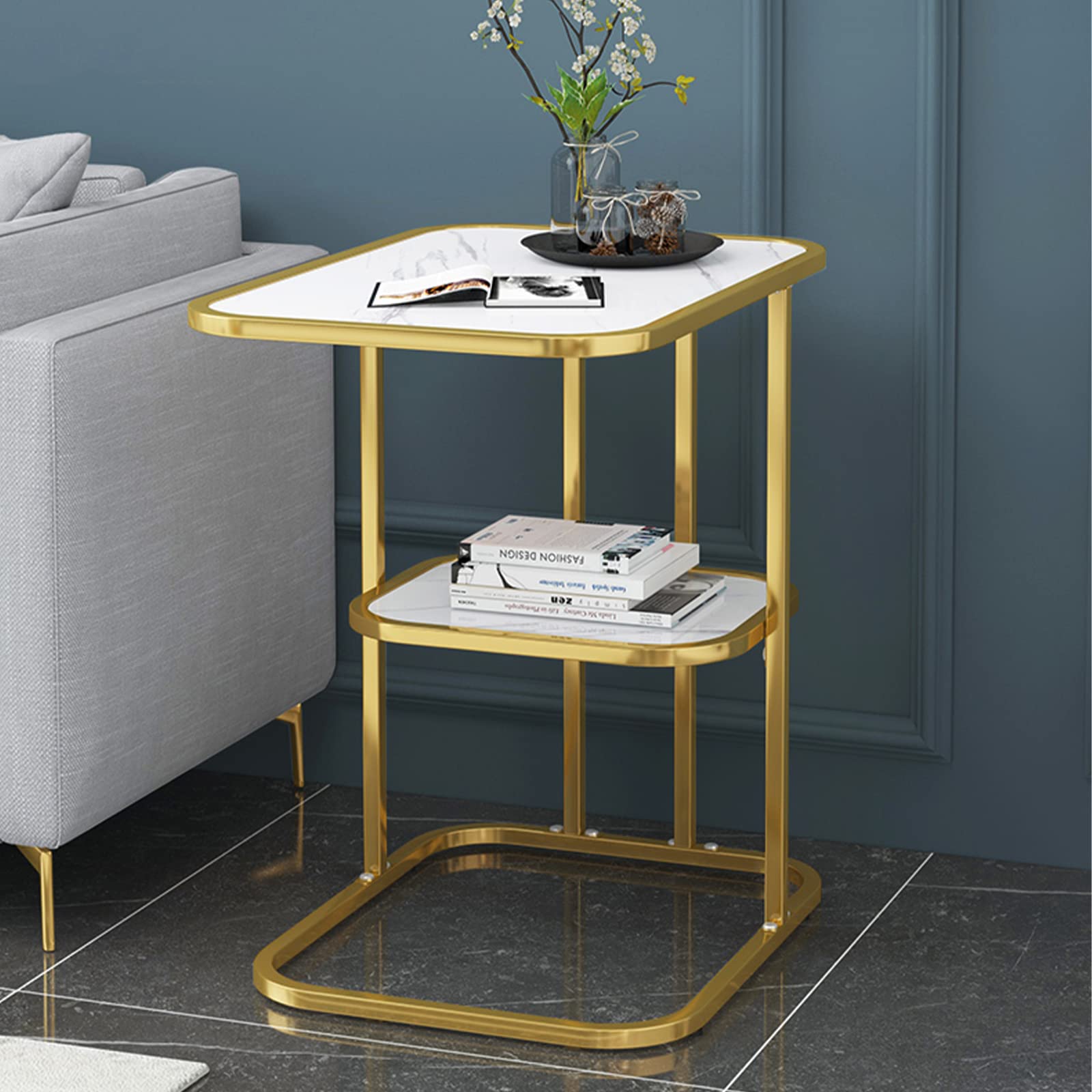Modern Side Coffee Table with Storage Shelf - Small End Table for Living Room, Bedroom & Small Spaces - Sofa Overbed Table, E-Shaped Bedside Table - Perfect for Snacks, Drinks & Remote Storage