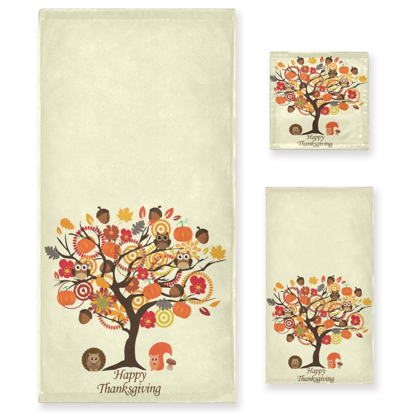 Luxury Beige Thanksgiving Autumn Tree with Owls Bath Towel Set - 3-Piece Soft Bath, Hand Towel & Washcloth for Bathroom, Hotel, Gym, Spa & Kitchen | Perfect for Fall Decor & Cozy Home Essentials