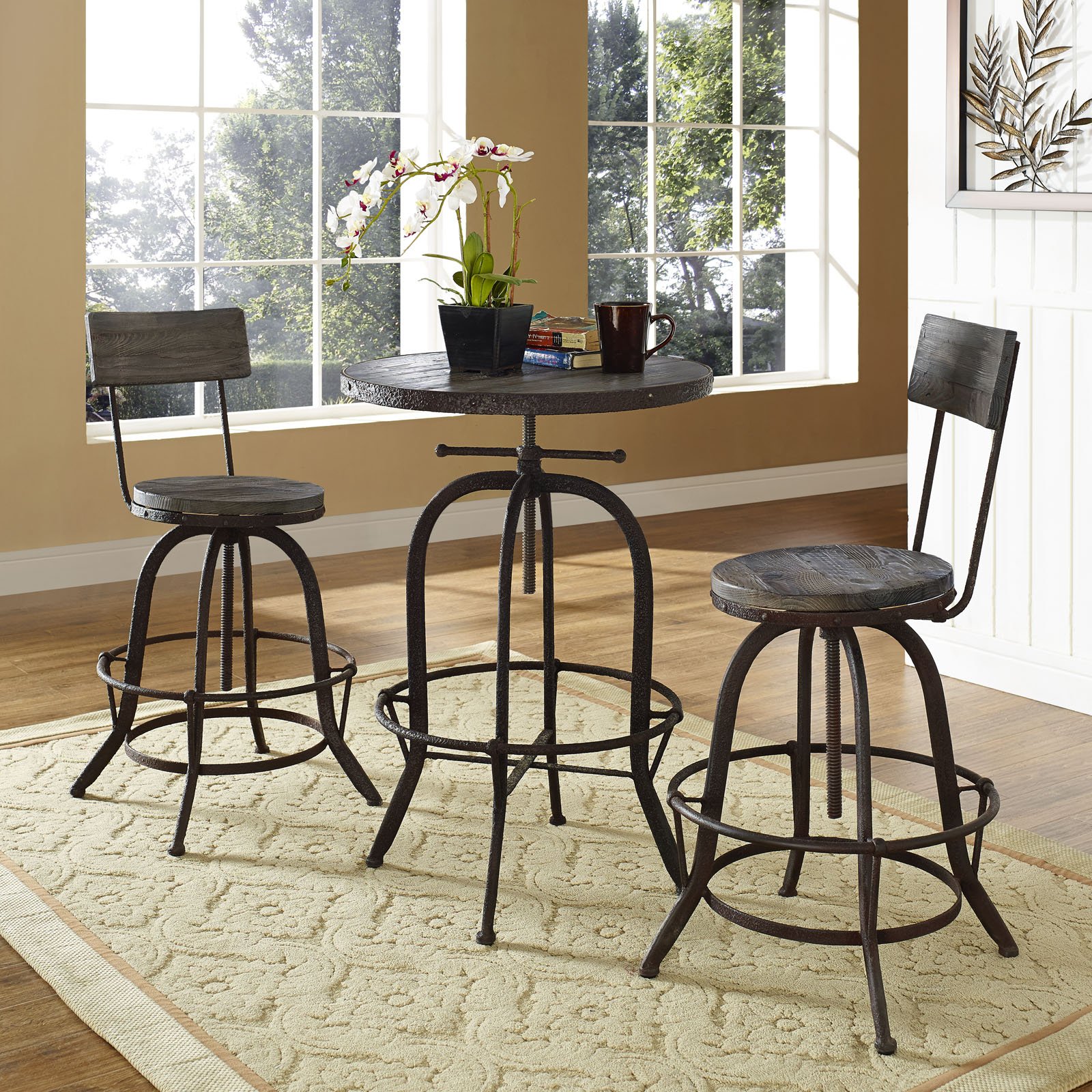 Modway Procure Rustic Farmhouse Adjustable Height Bar Stools - Solid Pine Wood & Cast Iron Construction, Brown - Perfect for Kitchen Islands, Breakfast Nooks & Home Bars