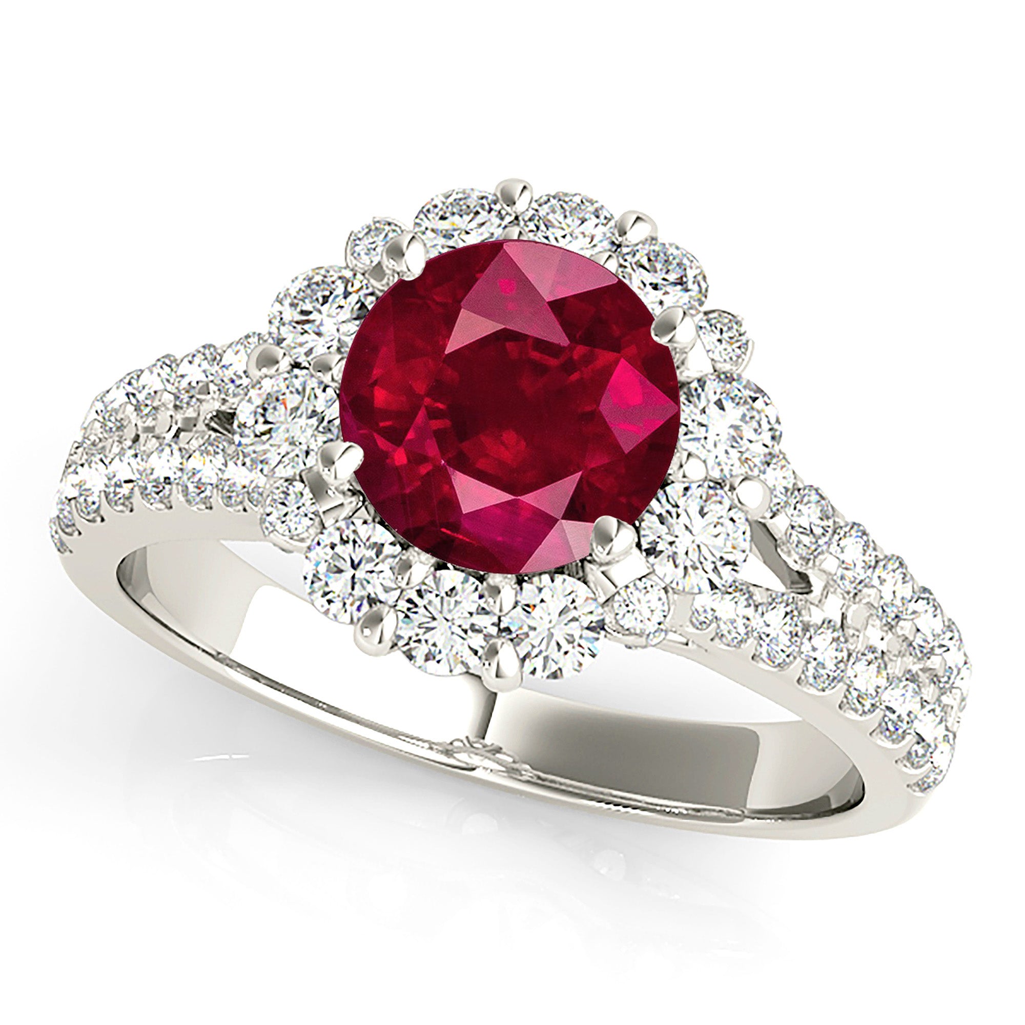1.80 Carat Genuine Ruby Ring with Floral Halo & Small V-Split Shank - Elegant Engagement, Anniversary Gift for Women