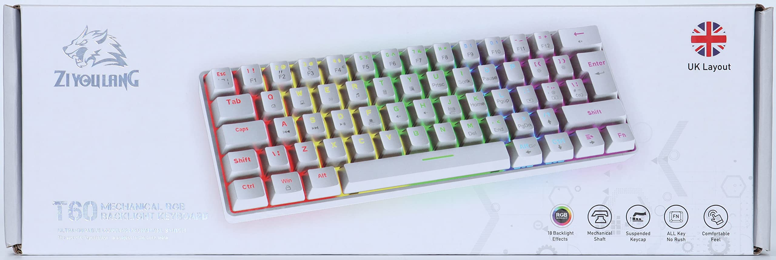 60% UK Gaming Mechanical Keyboard - 62 Key Compact Blue Switches with RGB Backlight for PC/Laptop Gaming & Office Work