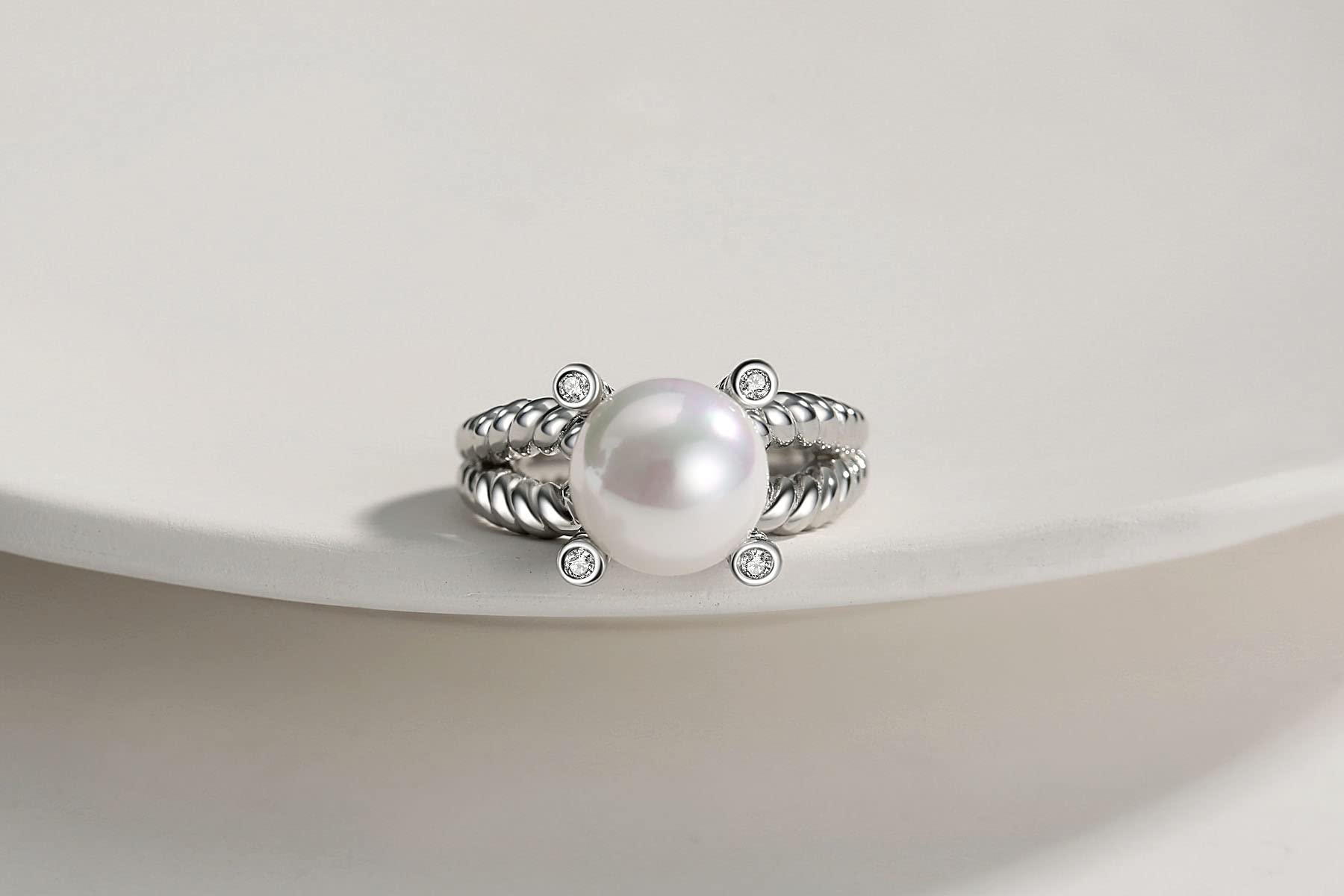 14K Gold Plated Sterling Silver Pearl Ring for Women - Elegant Double Spiral Wrap Eternity Statement Jewelry - Perfect for Weddings, Anniversaries & Special Occasions