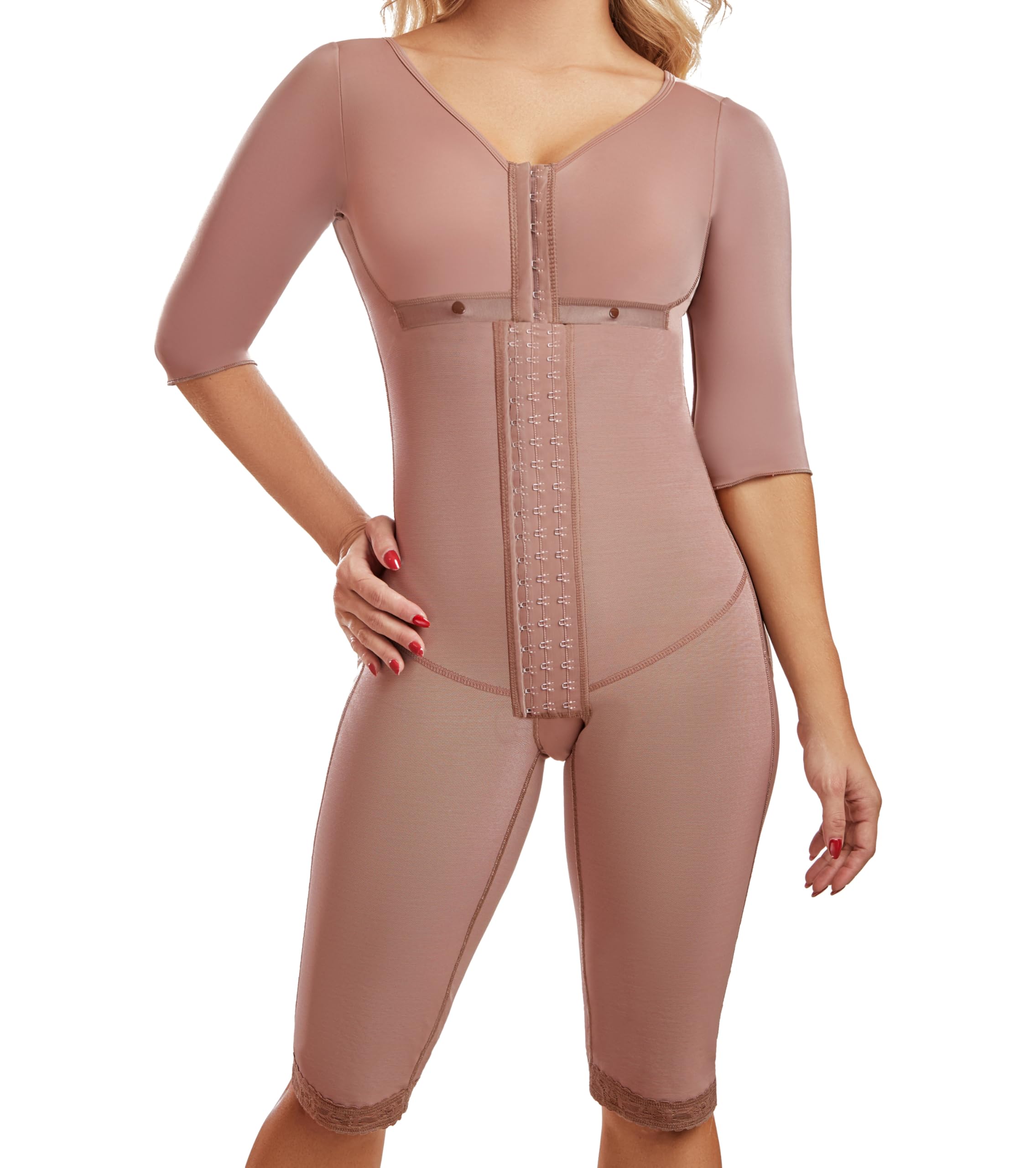 0710 Colombian Shaping Fajas with Sleeves & Bra - Tummy Control Powernet Shapewear for Women, Knee-Length Bodysuit with 3-Row Hooks | Perfect for Postpartum Recovery, Weight Loss & Everyday Slimming