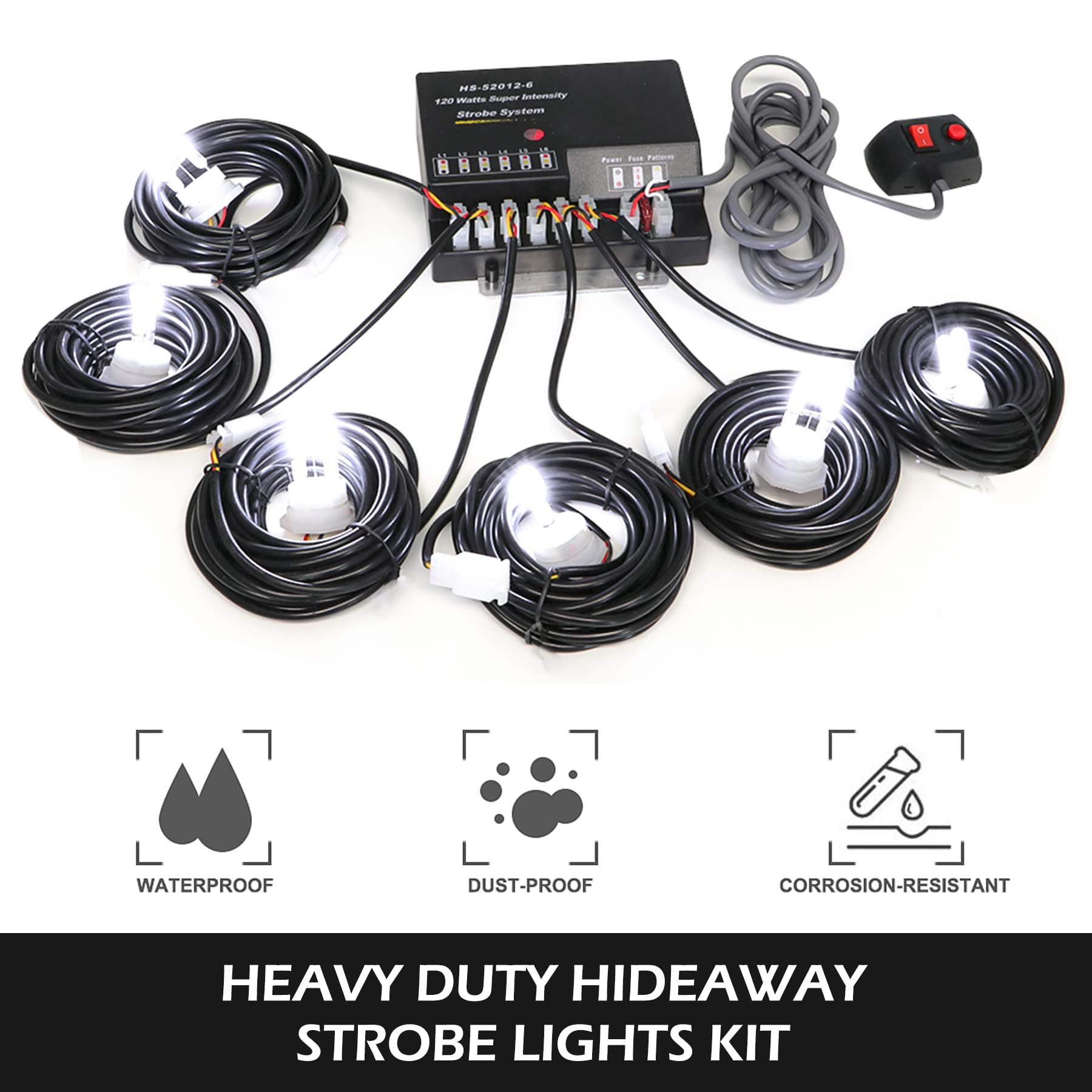 6 HID Bulbs Hideaway Strobe Lights Kit with 13 Flashing Modes & Memory Recall - 16ft Power Cord & Controller - Emergency Vehicle Strobe Lights for Trucks, Cars, Police, Construction (White) - Perfect for Roadside Emergencies, Security Alerts & Warning Signals