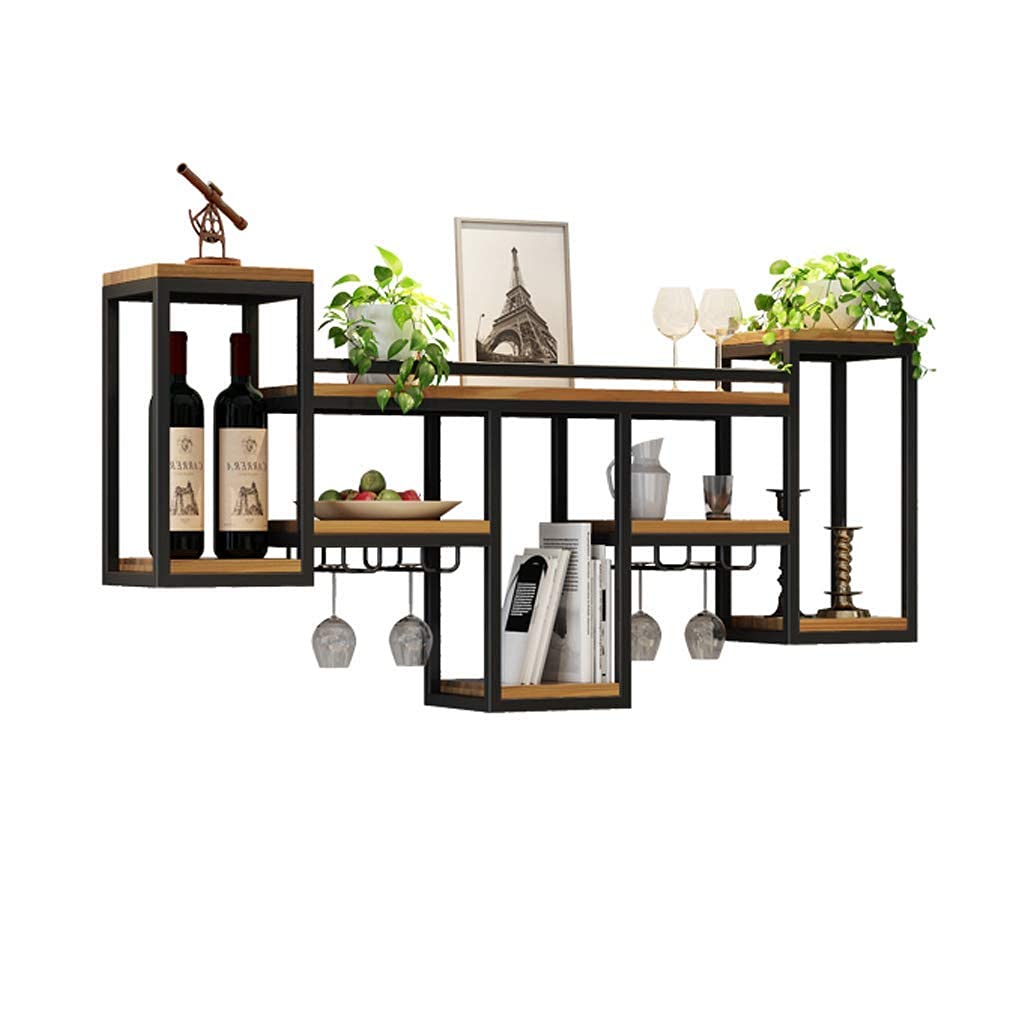 Industrial Wall Mounted Wine Rack - Rustic Metal Hanging Wine Glass Holder for Kitchen, Bar & Dining Room Decor - Wooden Shelf & Bottle Storage Solution for Home & Office