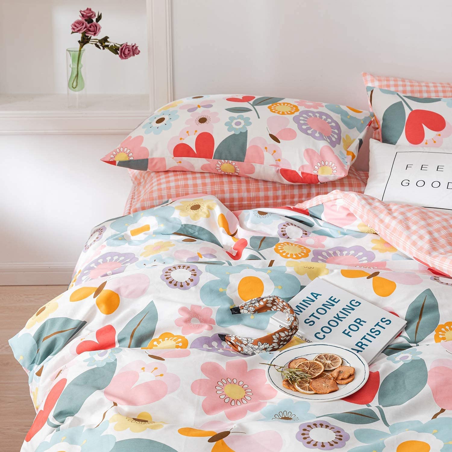 Jane yre Floral Duvet Cover Twin - 100% Cotton 3-Piece Bedding Set with Zipper Ties, Soft Breathable Luxury Comforter Cover in Fresh Garden Style Yellow/Red Flower Print (No Comforter Included) - Perfect for Kids' Rooms, Guest Bedrooms & Boho Chic Home Decor