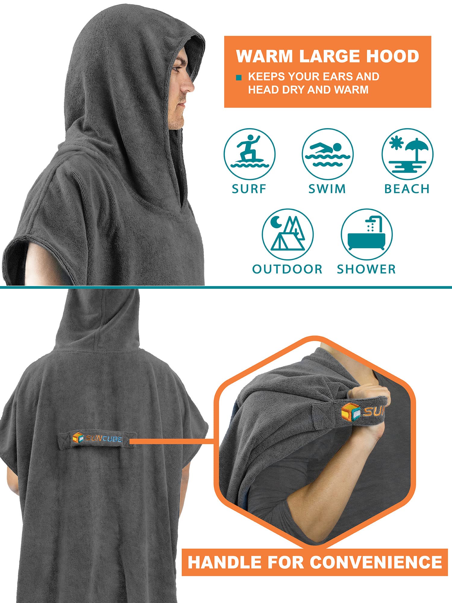 **SUN CUBE Surf Poncho Changing Robe with Hood - Quick Dry Microfiber Wetsuit Towel for Men & Women - Perfect for Surfing, Swimming & Beach Changing**