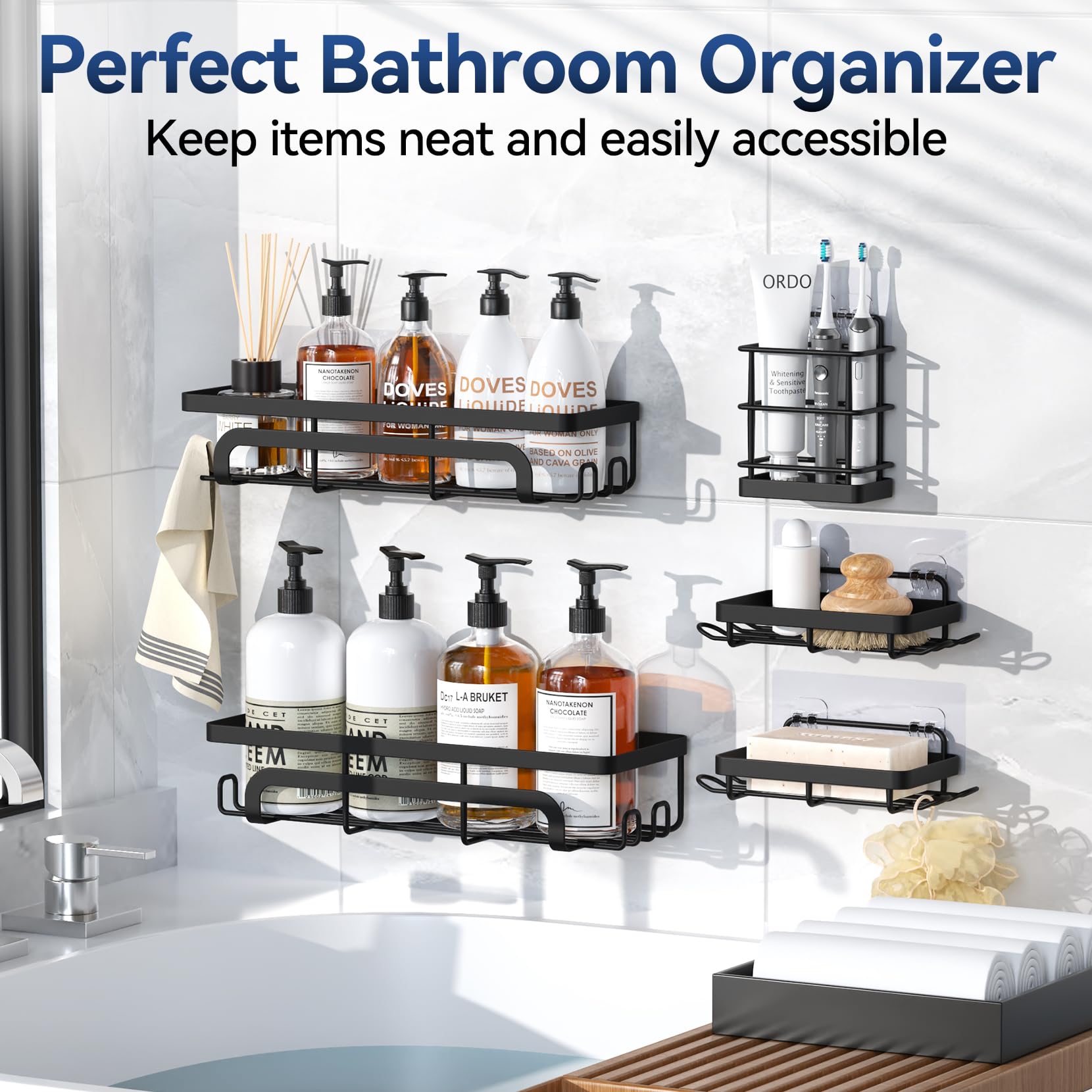 YASONIC 5-Pack Adhesive Shower Caddy Organizer with Soap Holder - No Drill Rustproof Bathroom Shelves for Shampoo, Conditioner & Toiletries - Perfect for Small Spaces, Apartments & Dorm Showers (Black)