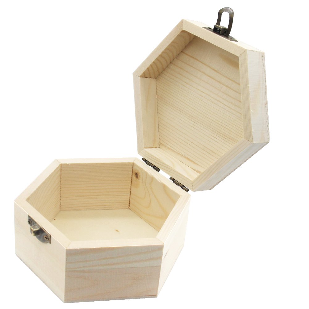 Hexagon Unfinished Wooden Jewelry Box - DIY Unpainted Storage Chest for Rings, Necklaces & Treasures (2.5