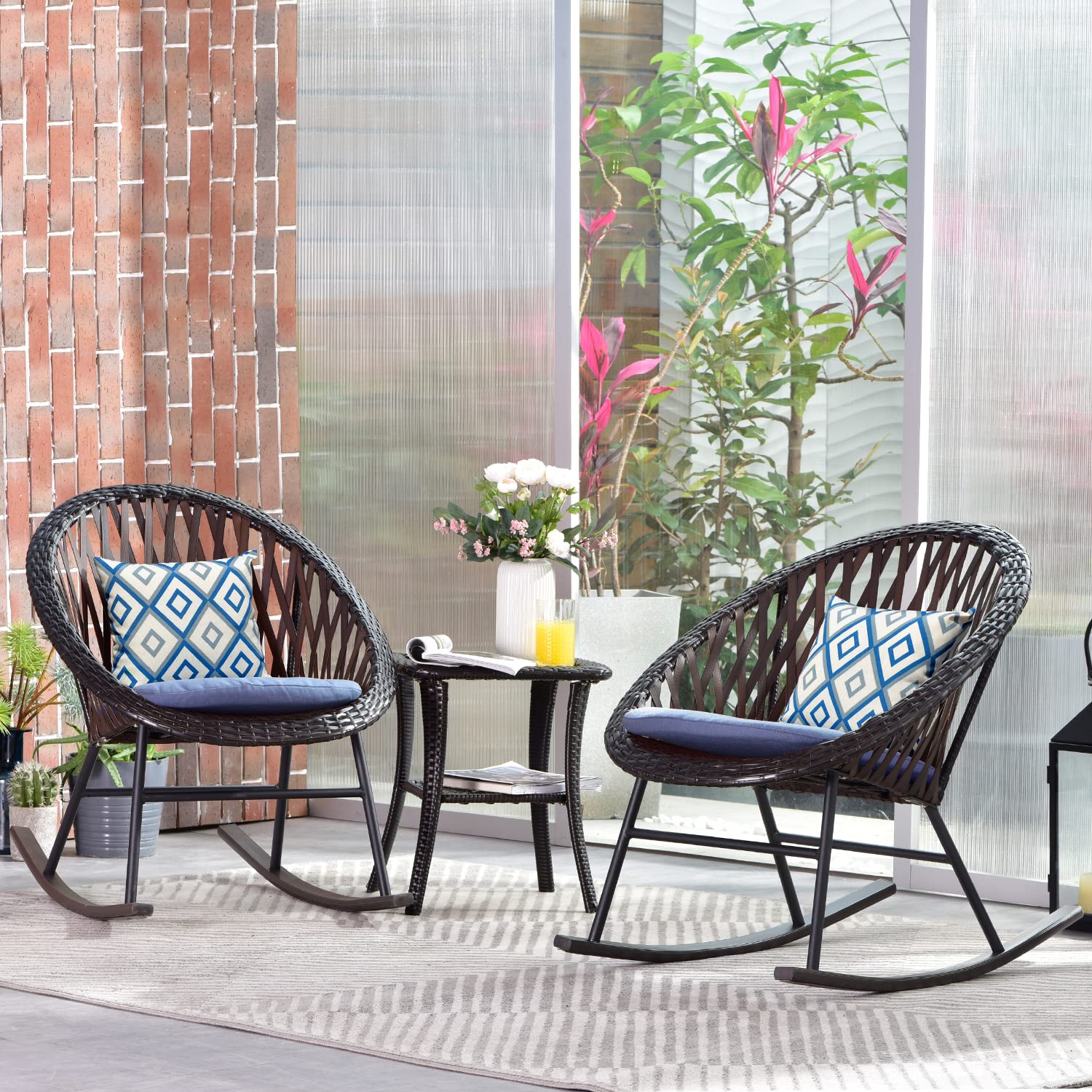 Ovios 3-Piece Patio Rocking Bistro Set - Outdoor Wicker Furniture with Glass Coffee Table, Porch Rocking Chairs Conversation Set for Small Spaces, Deck, Terrace, Garden (Blue) - Perfect for Relaxing, Entertaining & Enjoying Morning Coffee Outdoors