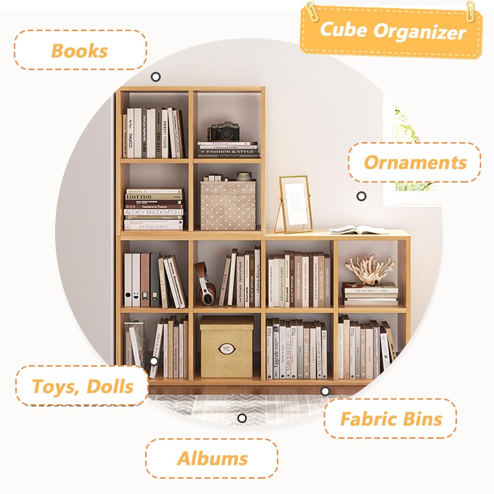 8 Cube Organizer Bookcase with Fabric Storage Bins - Open Shelf Bookcase with Simple Compartments for Home Office, Living Room & Bedroom Storage - White