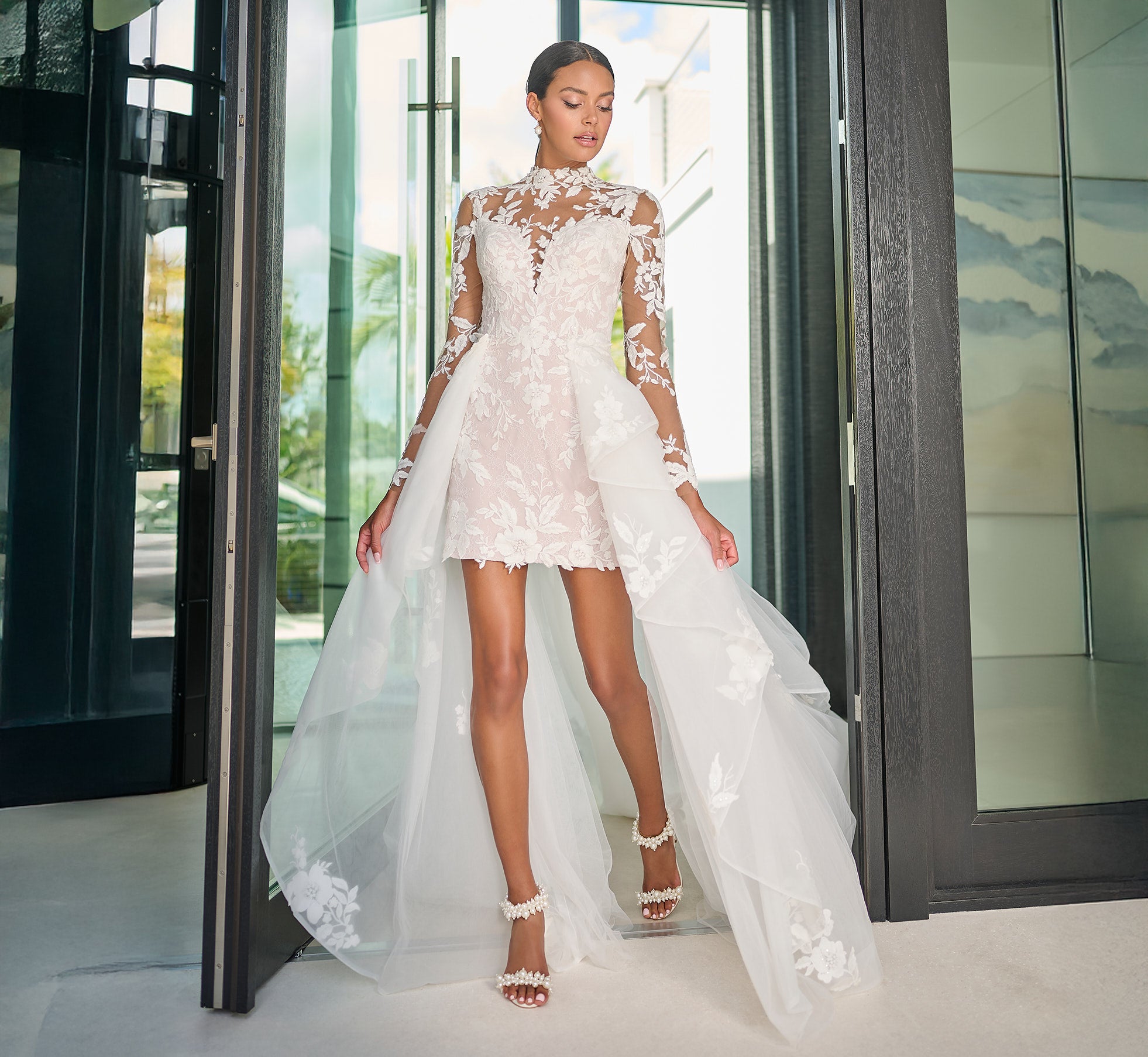 Elegant Chantilly Lace Short Dress with Detachable Tulle Overskirt - Ivory, French Lilac & Nude Colors | Perfect for Weddings, Parties & Special Occasions
