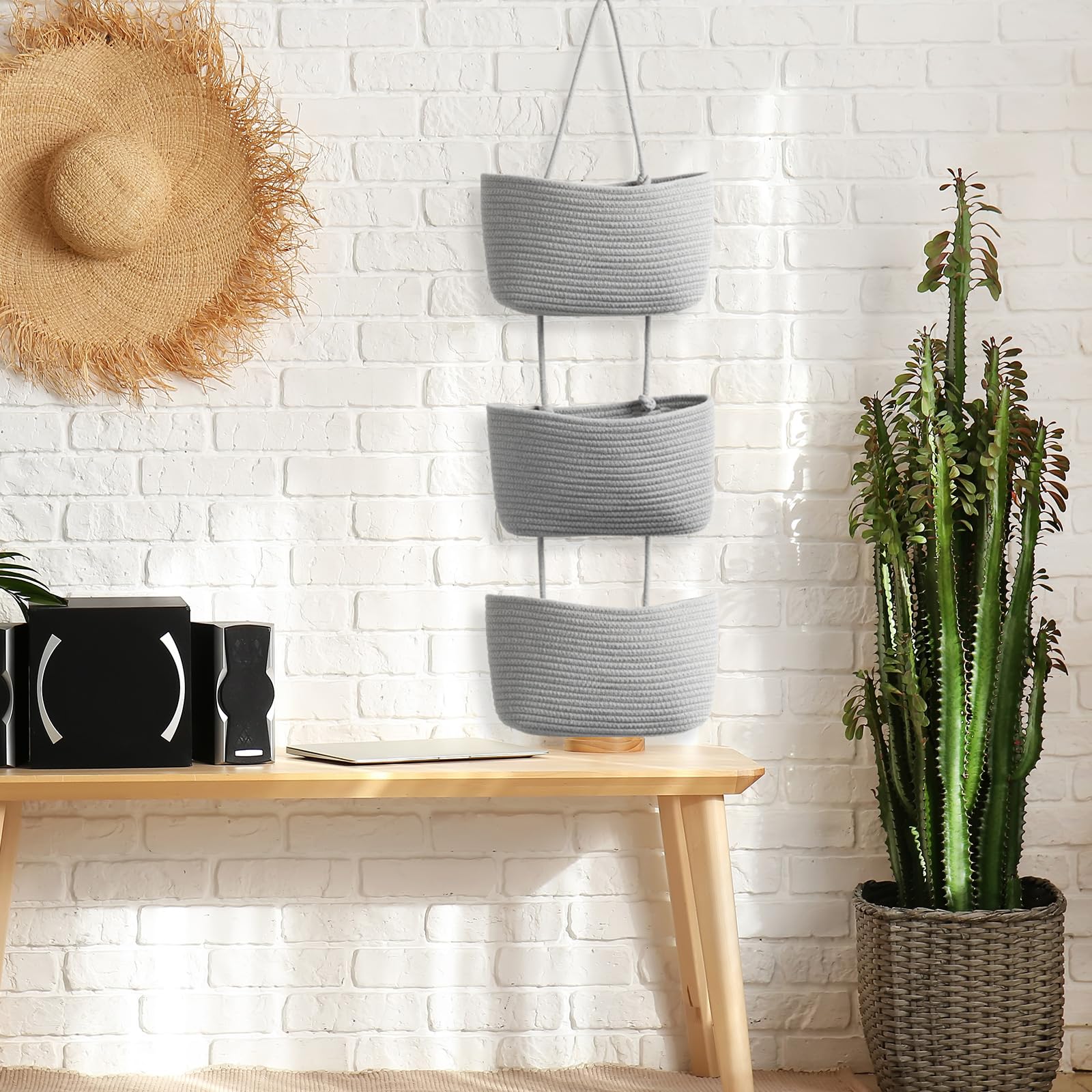 3-Tier Woven Cotton Over the Door Organizer - Gray Hanging Storage Baskets for Kitchen, Bathroom & Bedroom | Space-Saving Wall-Mounted Decorative Rope Baskets with Hooks | Perfect for Pantry Organization, Towel Storage & Small Item Clutter Control