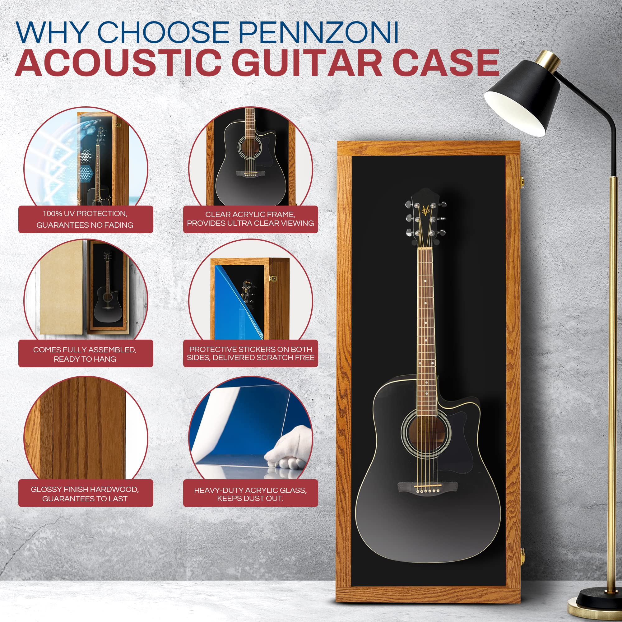 Premium Acoustic Guitar Display Case - Clear Acrylic Wall Mount Guitar Case with Hardwood Frame (Natural Oak) | Perfect for Home Decor, Music Studio Display & Instrument Protection