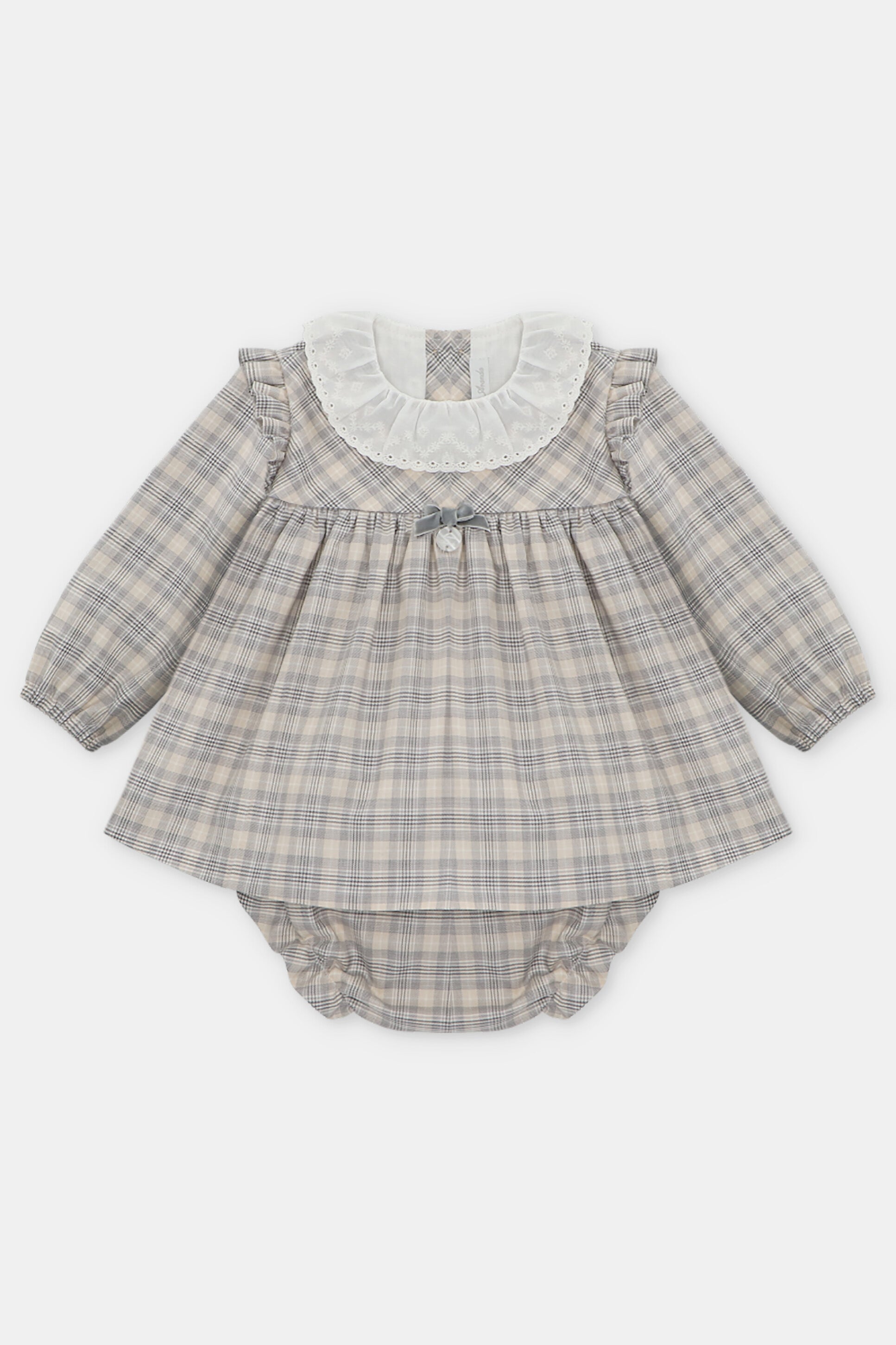 Maisie Stone Tartan Dress & Bloomers Set - Vintage Plaid Floral Print Baby Girl Outfit for Photoshoot, Holiday Party & Special Occasions