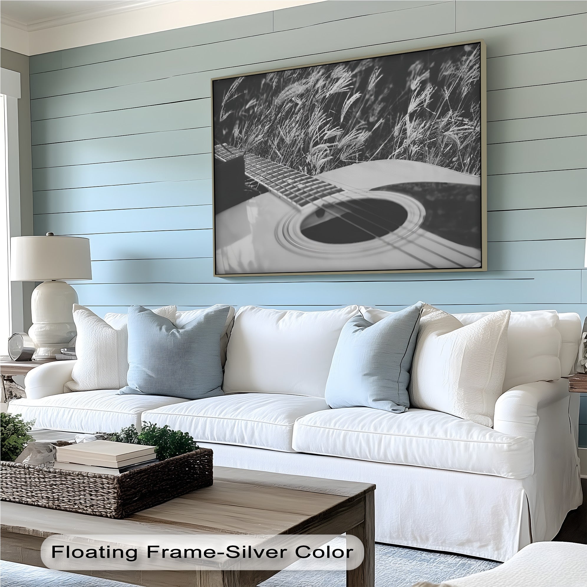Acoustic Guitar in Field - Black and White Nature Music Canvas Prints | Wall Art Decor for Living Room, Bedroom & Office | Music Lover Gift