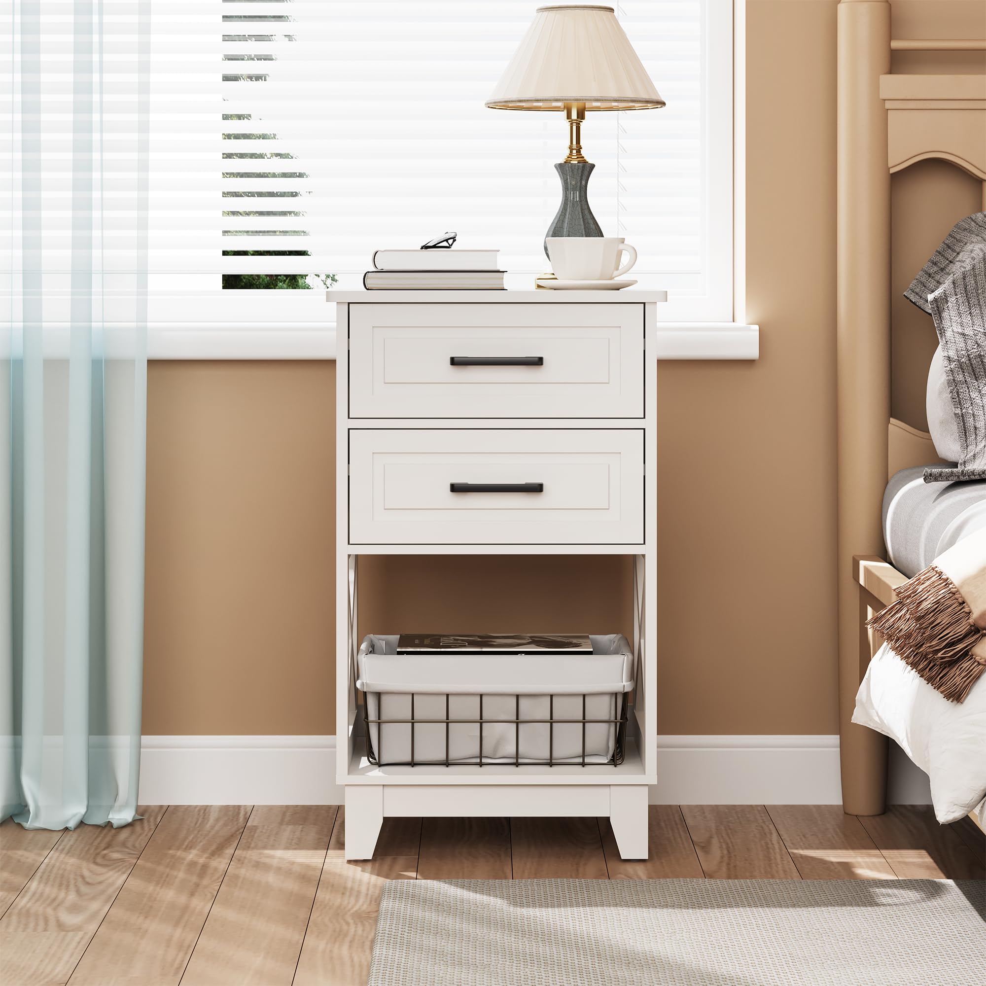 RoyalCraft White Modern Nightstand - Tall Bedside Table with 2 Drawers & Open Shelf, Solid Wood Feet - Perfect for Bedroom, Home Office & Small Space Living (White)