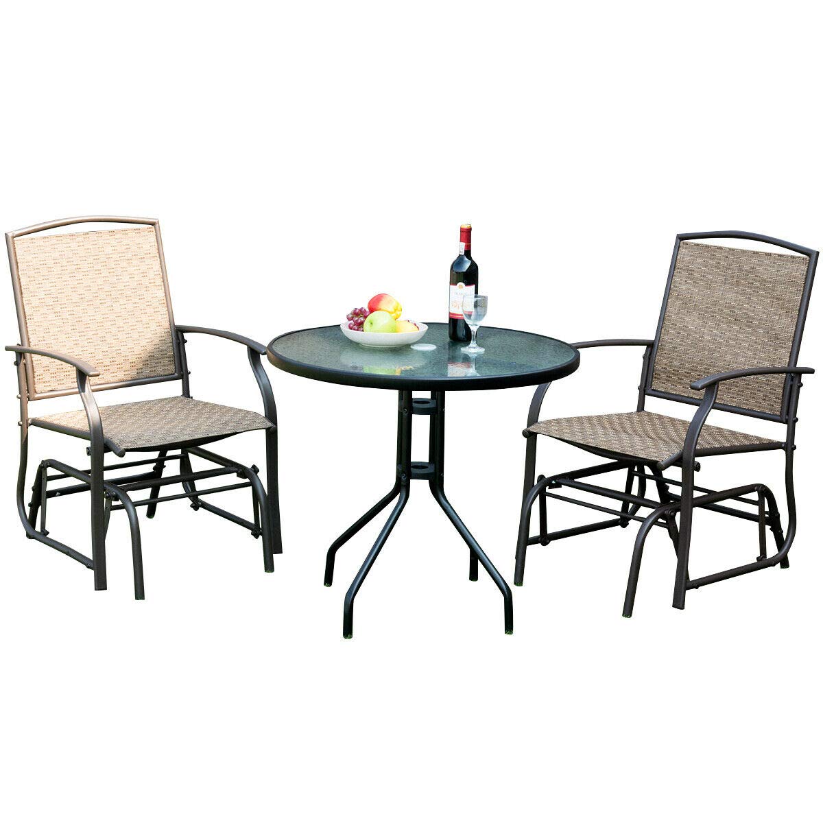 Tangkula 3-Piece Outdoor Bistro Set with Rocking Glider Chairs & Glass Table - Patio Furniture with Umbrella Hole for Garden, Deck, and Backyard Relaxation