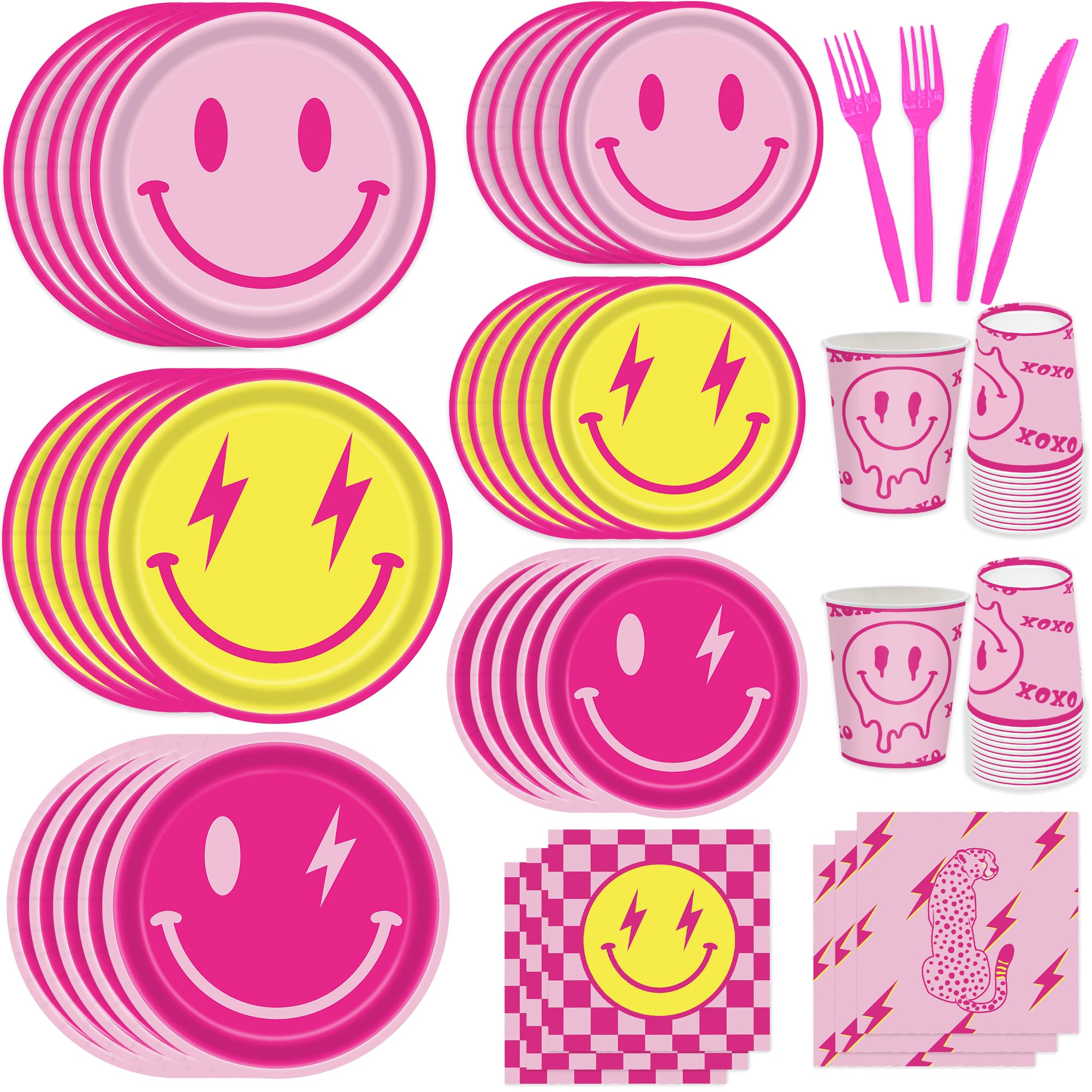 180PCS Preppy Smiley Party Supplies Set - Pink Smiley Face Disposable Tableware for 30 Guests (Plates, Cups, Napkins) | Perfect for Girls Birthday Party, Baby Shower & Kids Themed Celebrations | Durable & Festive Party Decorations