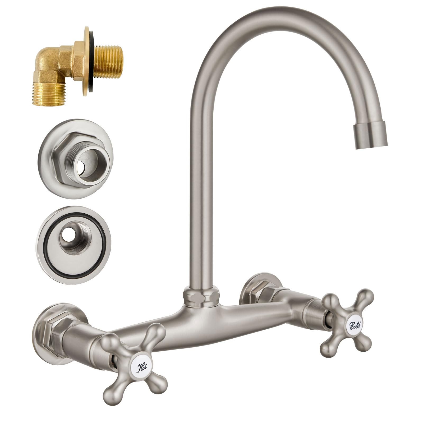 Airuida 8-inch Brushed Nickel Wall Mount Kitchen Faucet - Commercial Sink Faucet with 360° Swivel Spout & Dual Handles for Utility, Laundry, Restaurant Sinks | Durable & Stylish for Heavy-Duty Use in Commercial Kitchens, Washrooms & Food Service Areas