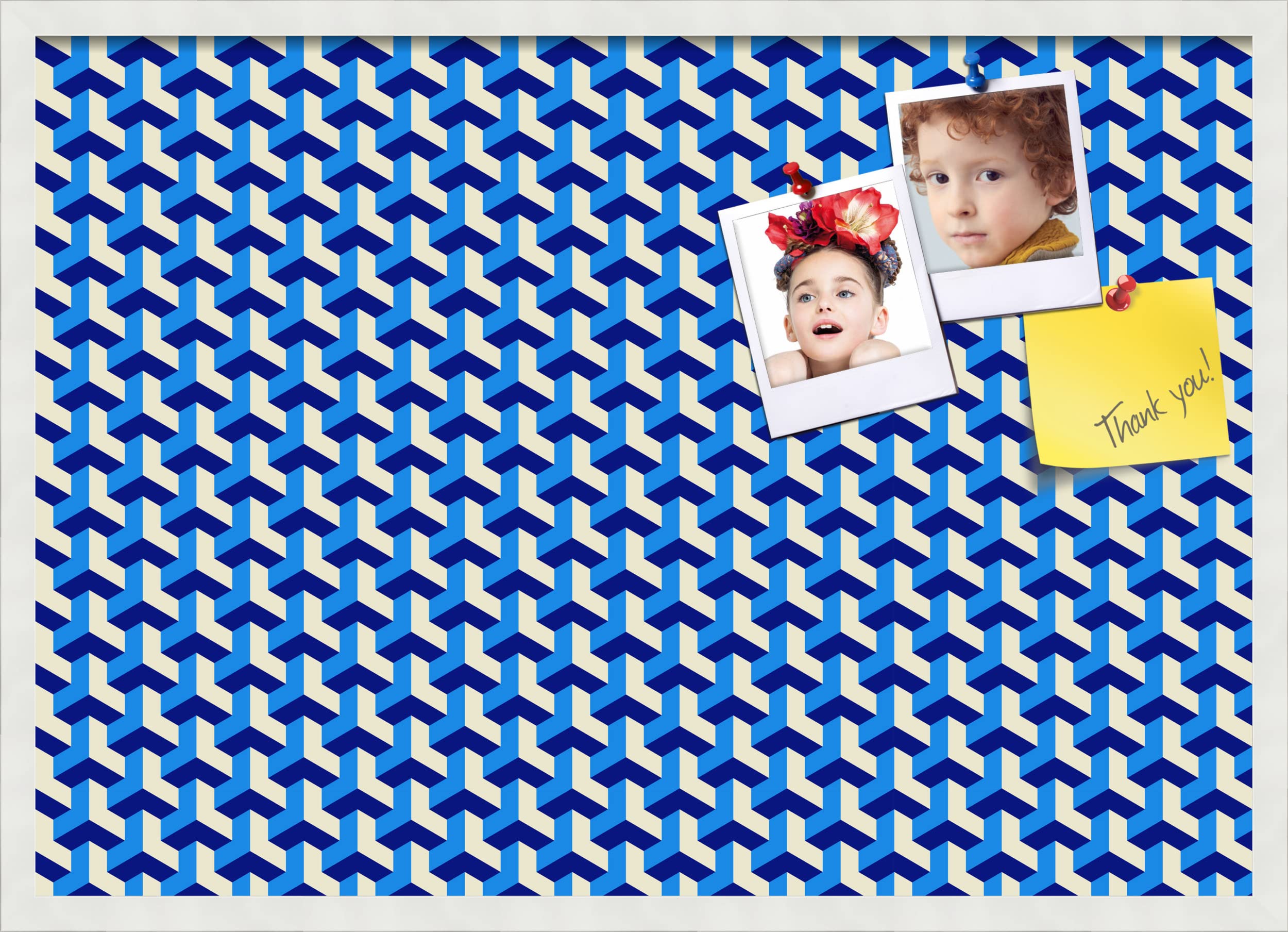 PinPix 34x24 Inch Cork Bulletin Board - Decorative Framed Pin Board with BAUS Blue Beige Design & Satin White Frame - Perfect for Home Office Decor, School Classroom, Dorm Room or Workspace Organization (PinPix-1532)