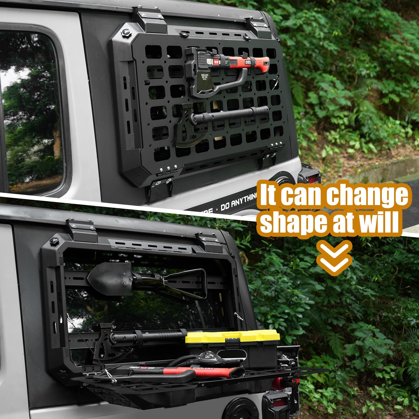 2018-2024 Jeep Wrangler JL/JLU Rear Window Storage Panel Kit - Multifunctional Openable Tactical Modular Platform with MOLLE System for Tools & Accessories (Left/Right Side Installation) - Perfect for Off-Road Adventures & Camping Gear Organization