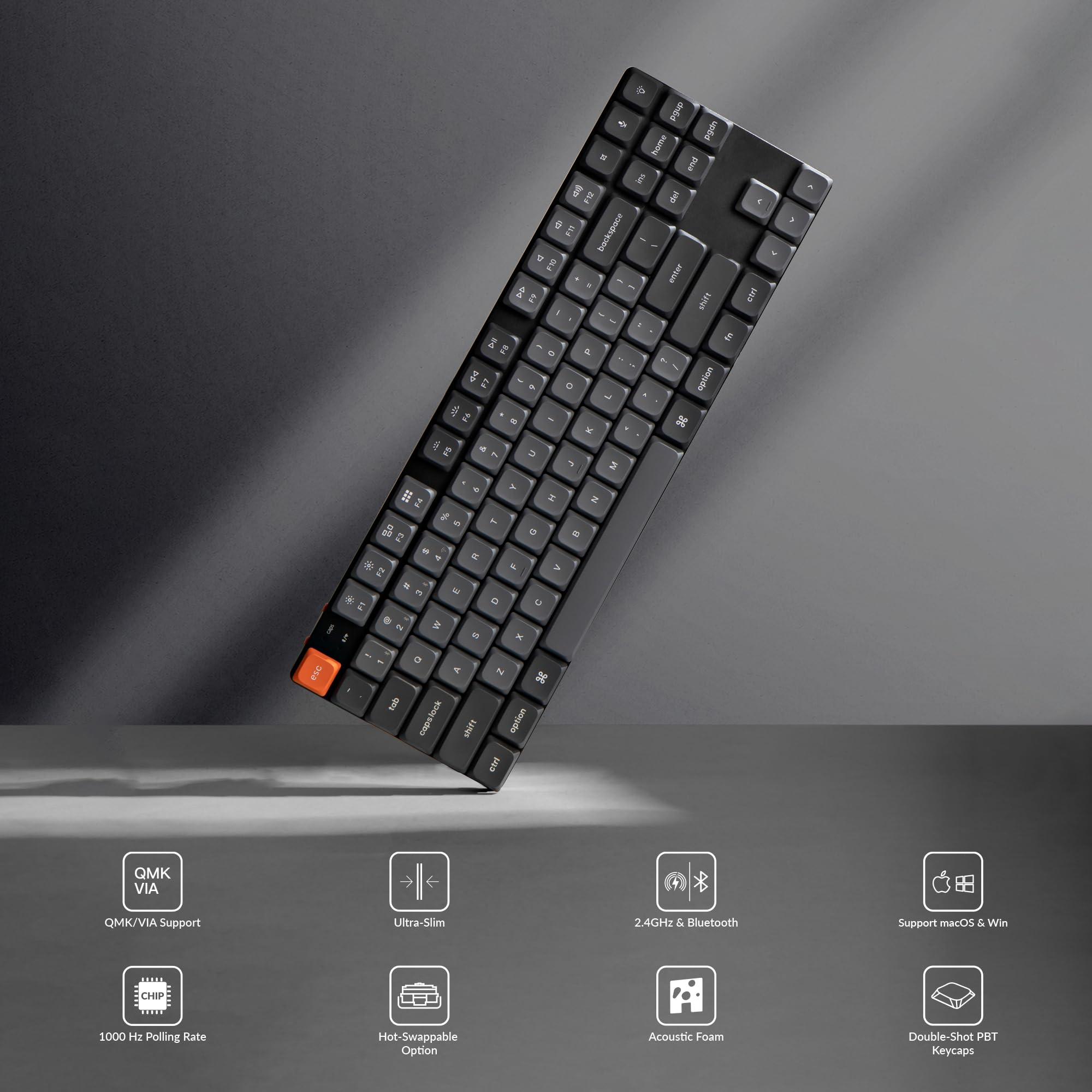 Keychron K1 Max Ultra-Slim Wireless Mechanical Keyboard - Bluetooth/USB Wired, QMK/VIA Programmable, Hot-Swappable Low-Profile Gateron Red Switches, RGB Backlit TKL Gaming Keyboard for Office Work & Esports