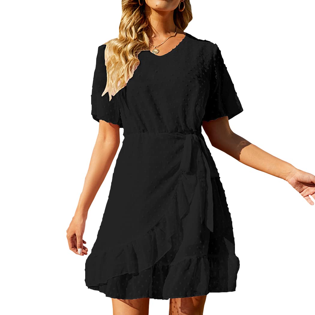 WEEPINLEE Women's Summer Short Sleeve V-Neck Ruffled Wrap Dress - Swiss Dot Casual Sundress for Beach, Vacation & Outdoor Parties