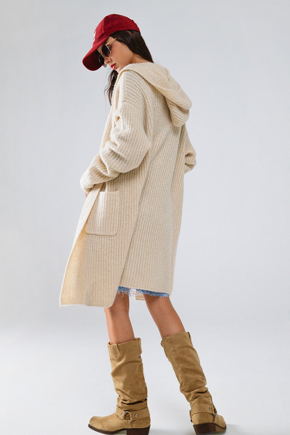 Soft Cream Knit Long Cardigan with Pockets and Hood - Cozy Winter Sweater for Women, Perfect for Casual Outfits & Layering in Cold Weather